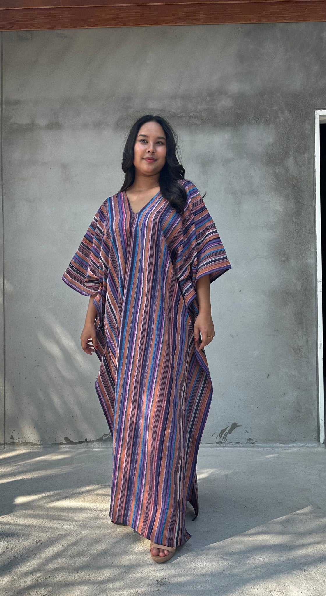Mala Handworks Ella Plus Size Cotton Kaftan with Purple Stripes