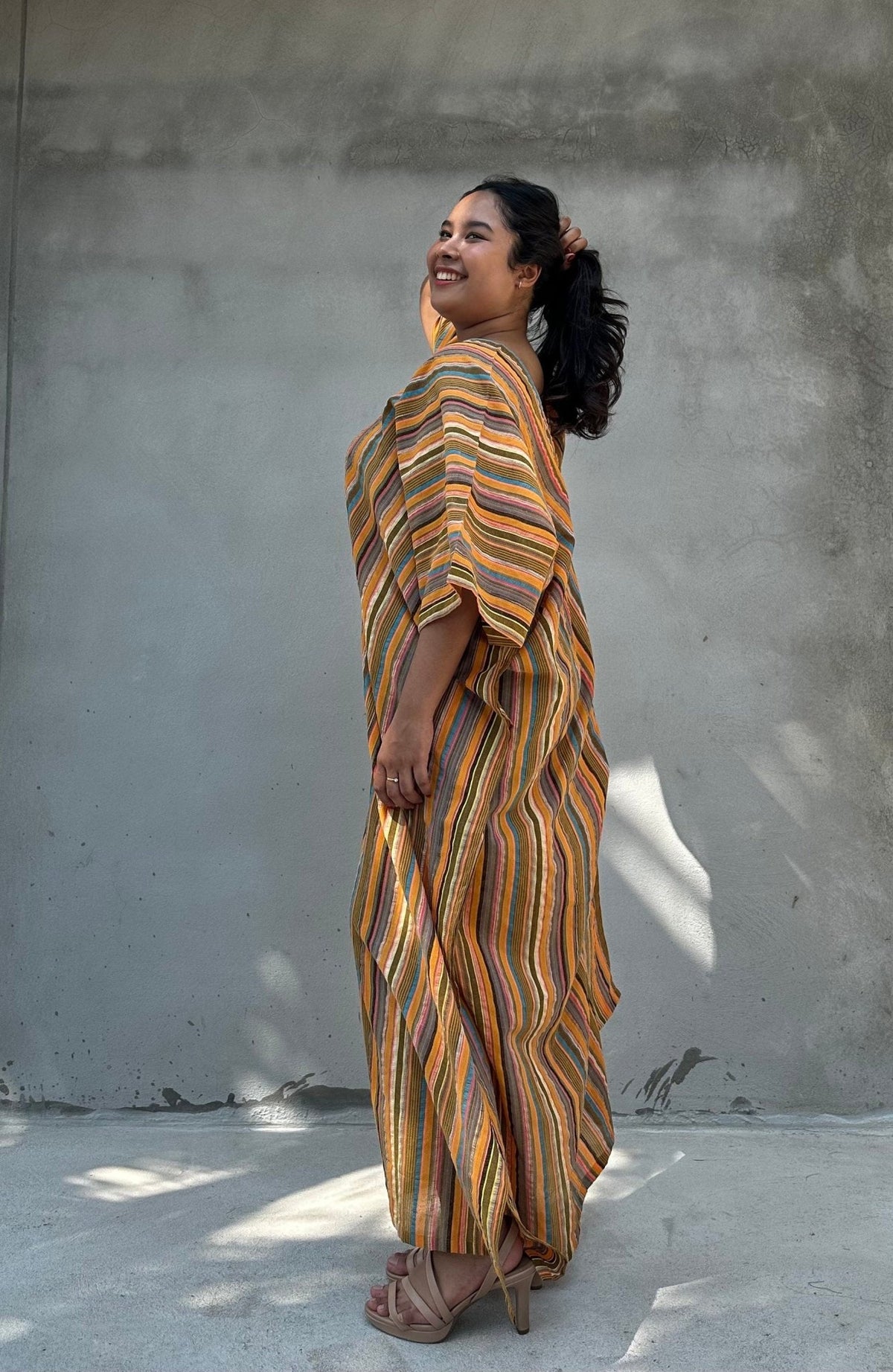 Mala Handworks Ella Plus Size Cotton Kaftan with Tangerine Stripes