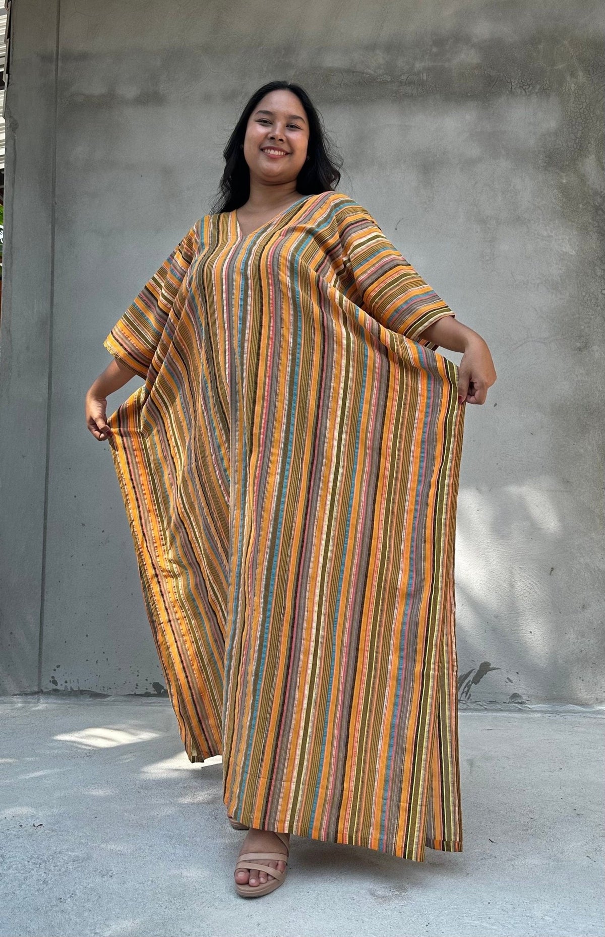 Mala Handworks Ella Plus Size Cotton Kaftan with Tangerine Stripes