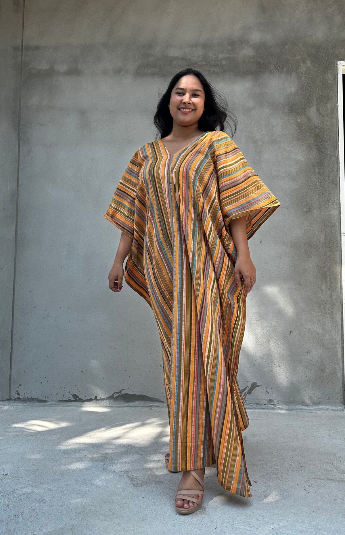 Mala Handworks Ella Plus Size Cotton Kaftan with Tangerine Stripes