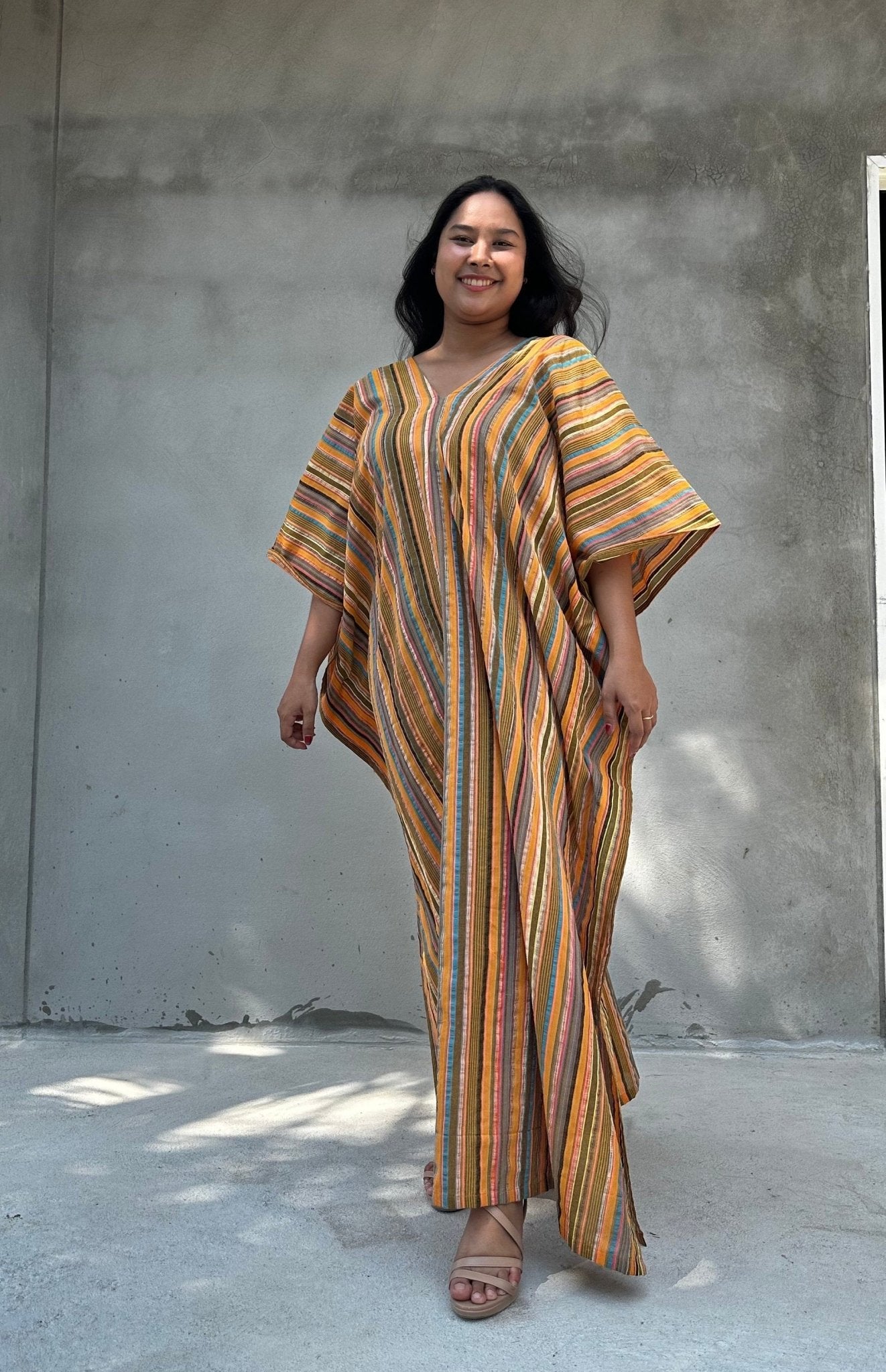 Mala Handworks Ella Plus Size Cotton Kaftan with Tangerine Stripes