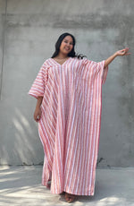 Mala Handworks Ella Plus Size Cotton Kaftan with Taupe and Rose Stripes