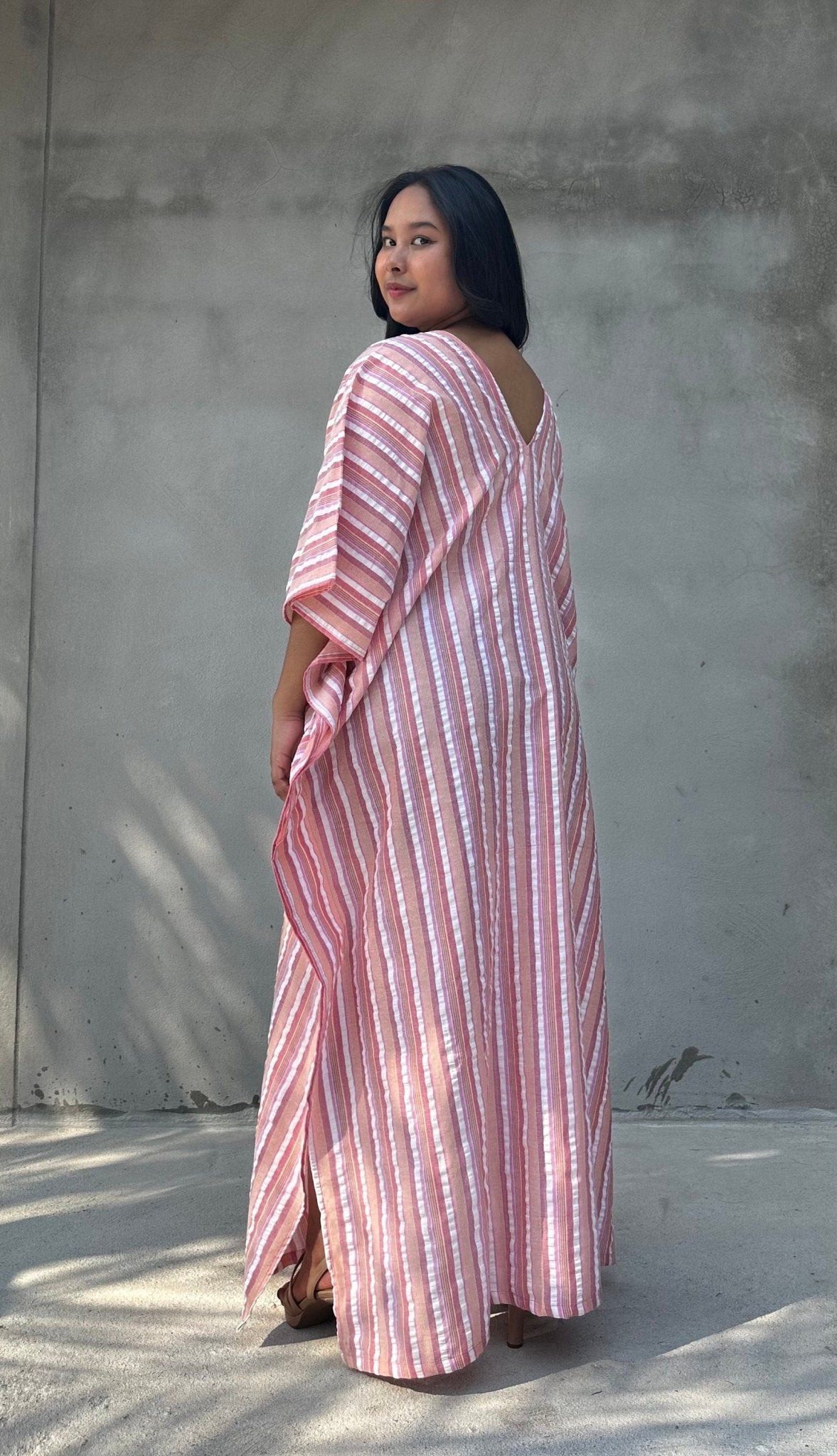 Mala Handworks Ella Plus Size Cotton Kaftan with Taupe and Rose Stripes