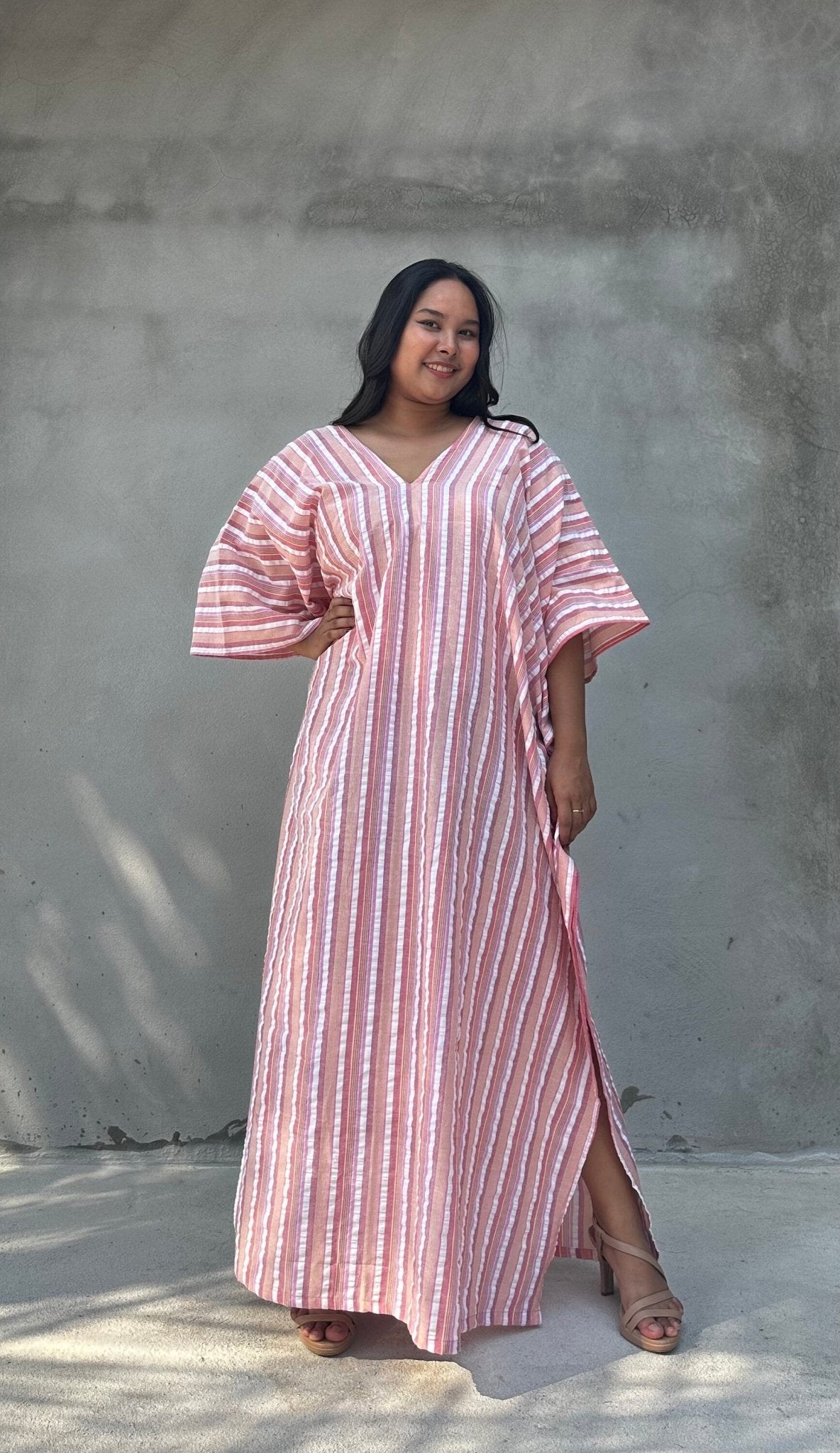 Mala Handworks Ella Plus Size Cotton Kaftan with Taupe and Rose Stripes