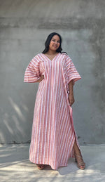Mala Handworks Ella Plus Size Cotton Kaftan with Taupe and Rose Stripes