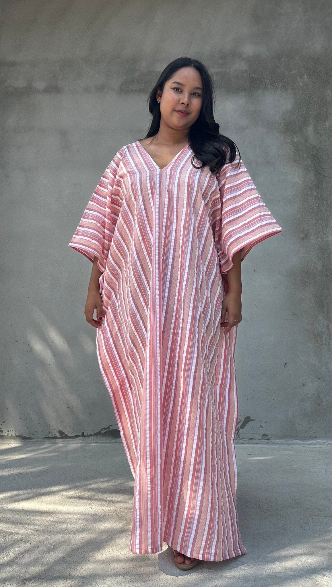 Mala Handworks Ella Plus Size Cotton Kaftan with Taupe and Rose Stripes