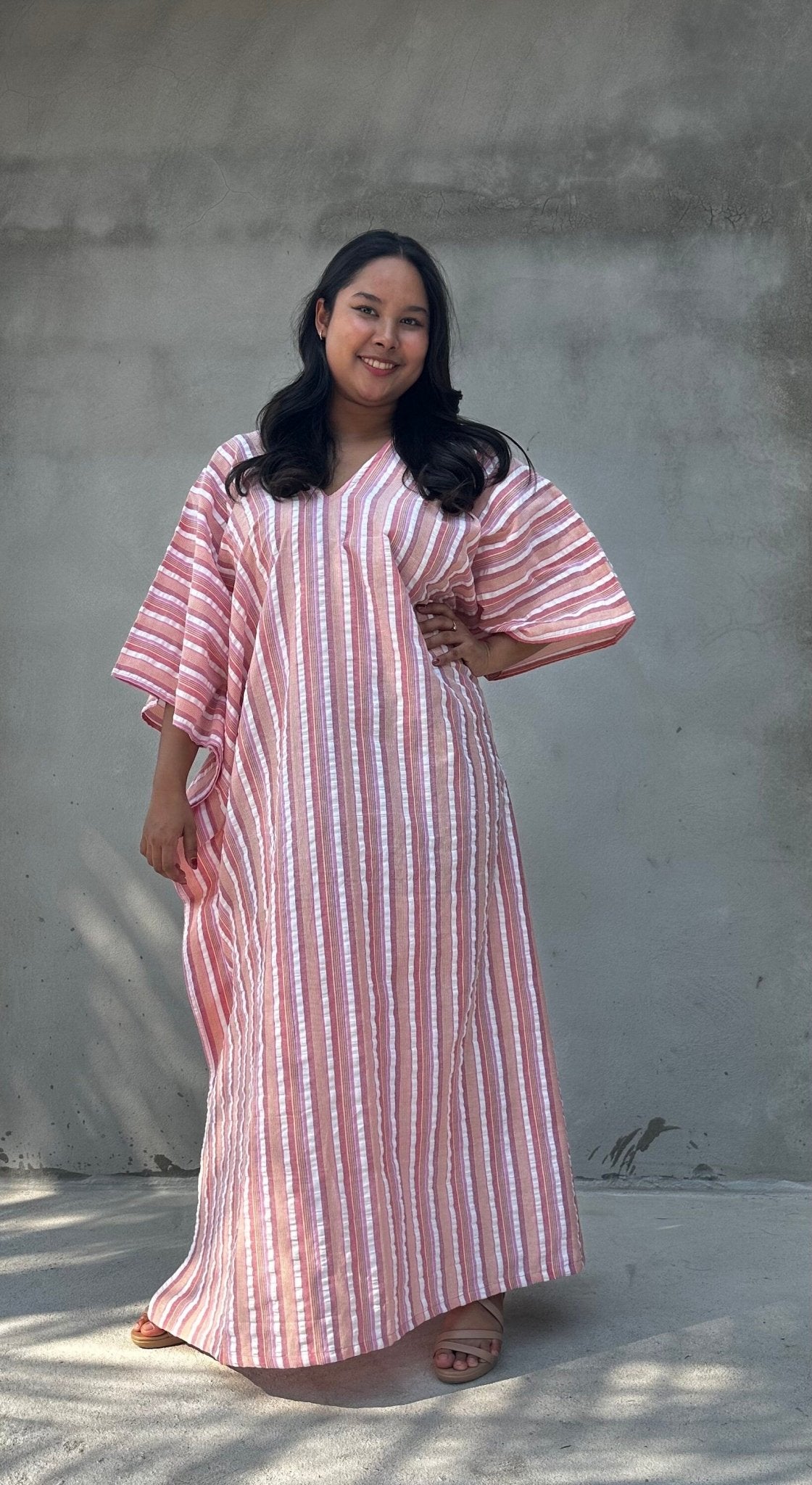 Mala Handworks Ella Plus Size Cotton Kaftan with Taupe and Rose Stripes