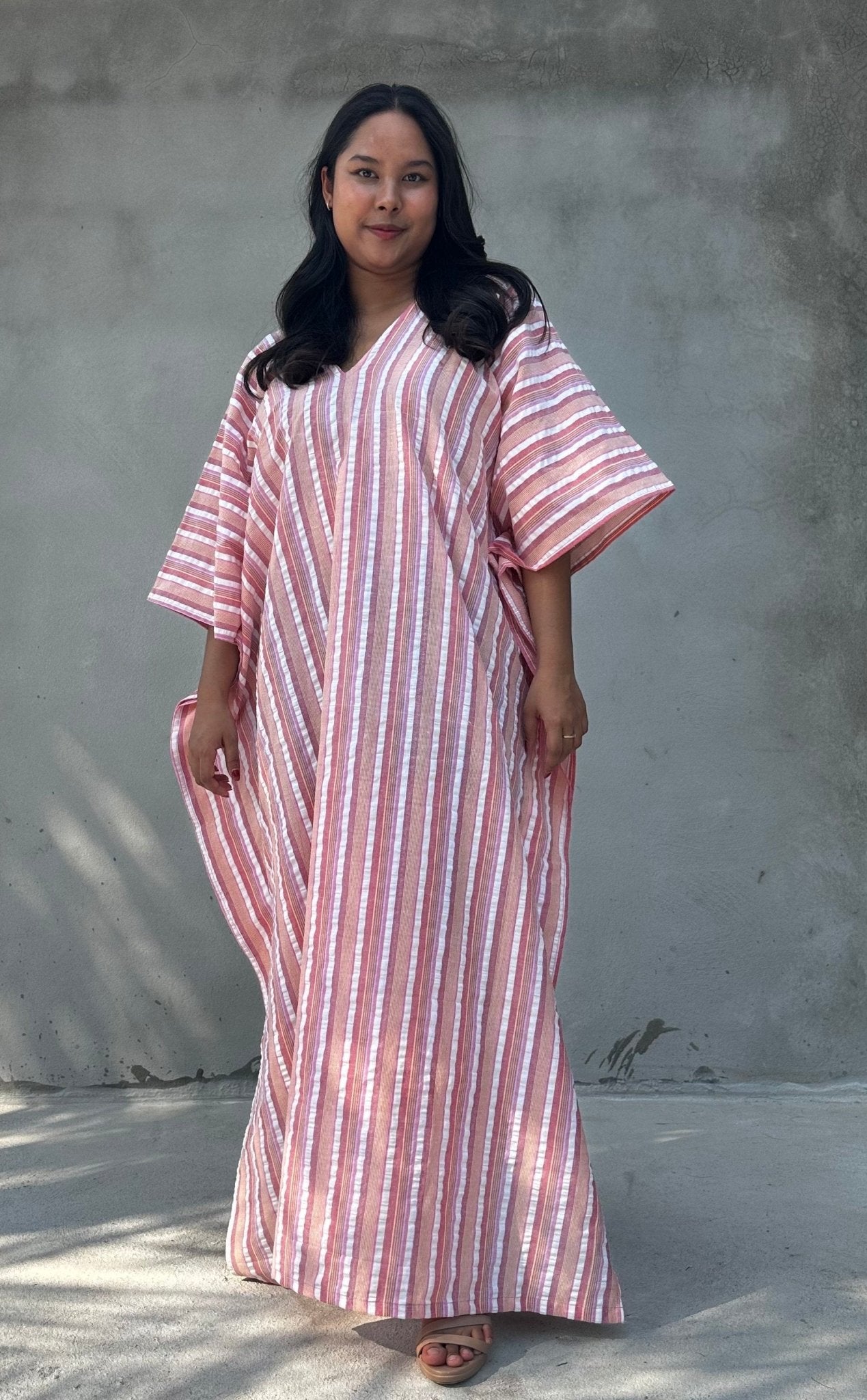 Mala Handworks Ella Plus Size Cotton Kaftan with Taupe and Rose Stripes