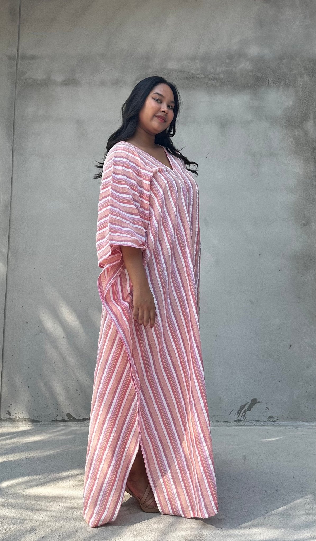 Mala Handworks Ella Plus Size Cotton Kaftan with Taupe and Rose Stripes