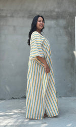 Mala Handworks Ella Plus Size Cotton Kaftan with Yellow and Sage Stripes