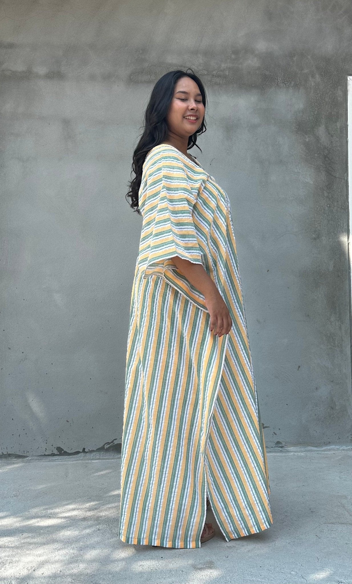 Mala Handworks Ella Plus Size Cotton Kaftan with Yellow and Sage Stripes