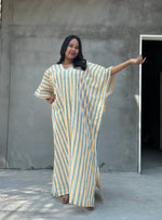 Mala Handworks Ella Plus Size Cotton Kaftan with Yellow and Sage Stripes