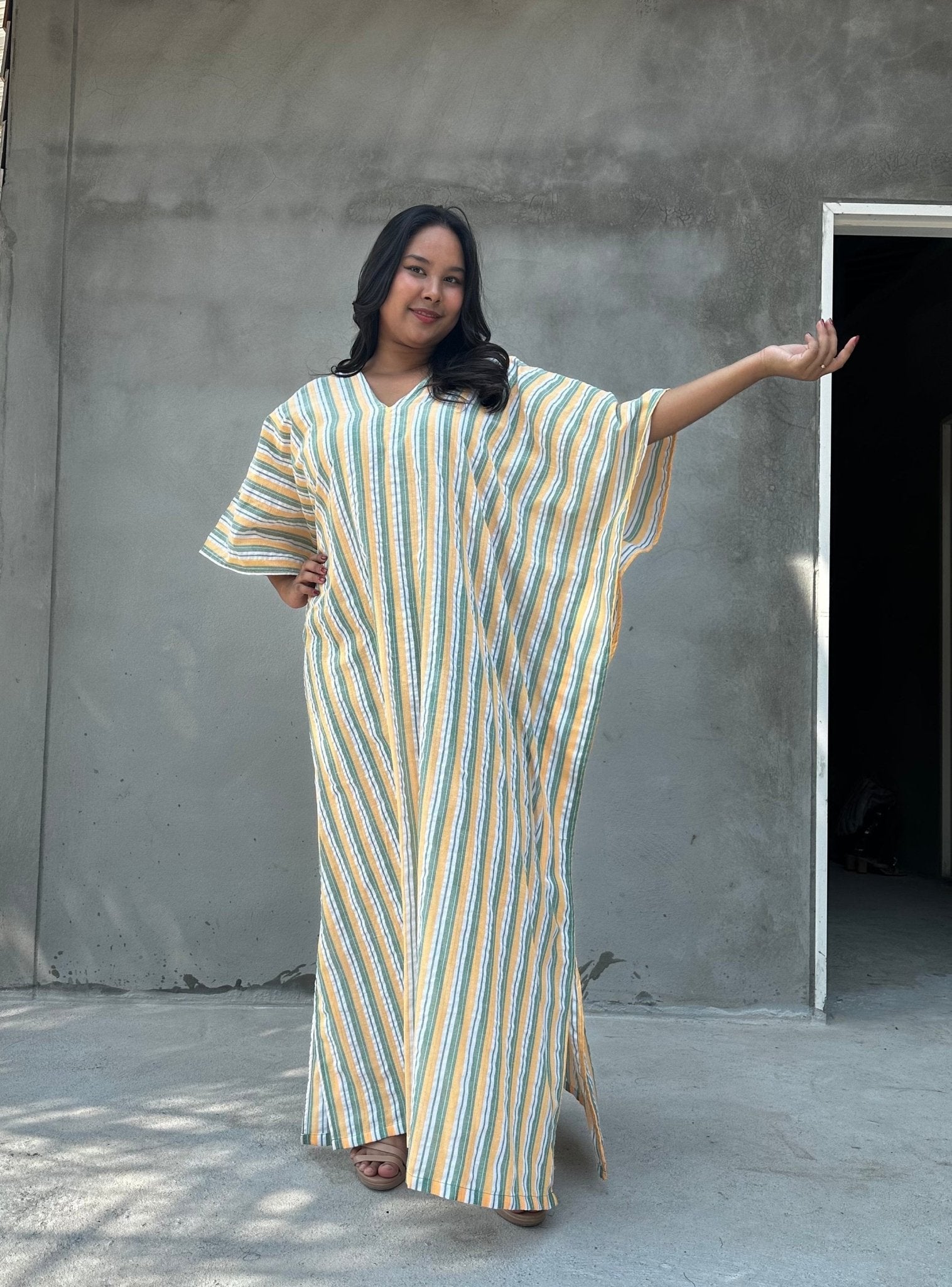 Mala Handworks Ella Plus Size Cotton Kaftan with Yellow and Sage Stripes
