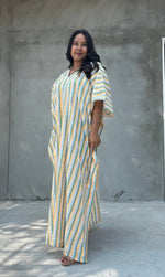 Mala Handworks Ella Plus Size Cotton Kaftan with Yellow and Sage Stripes