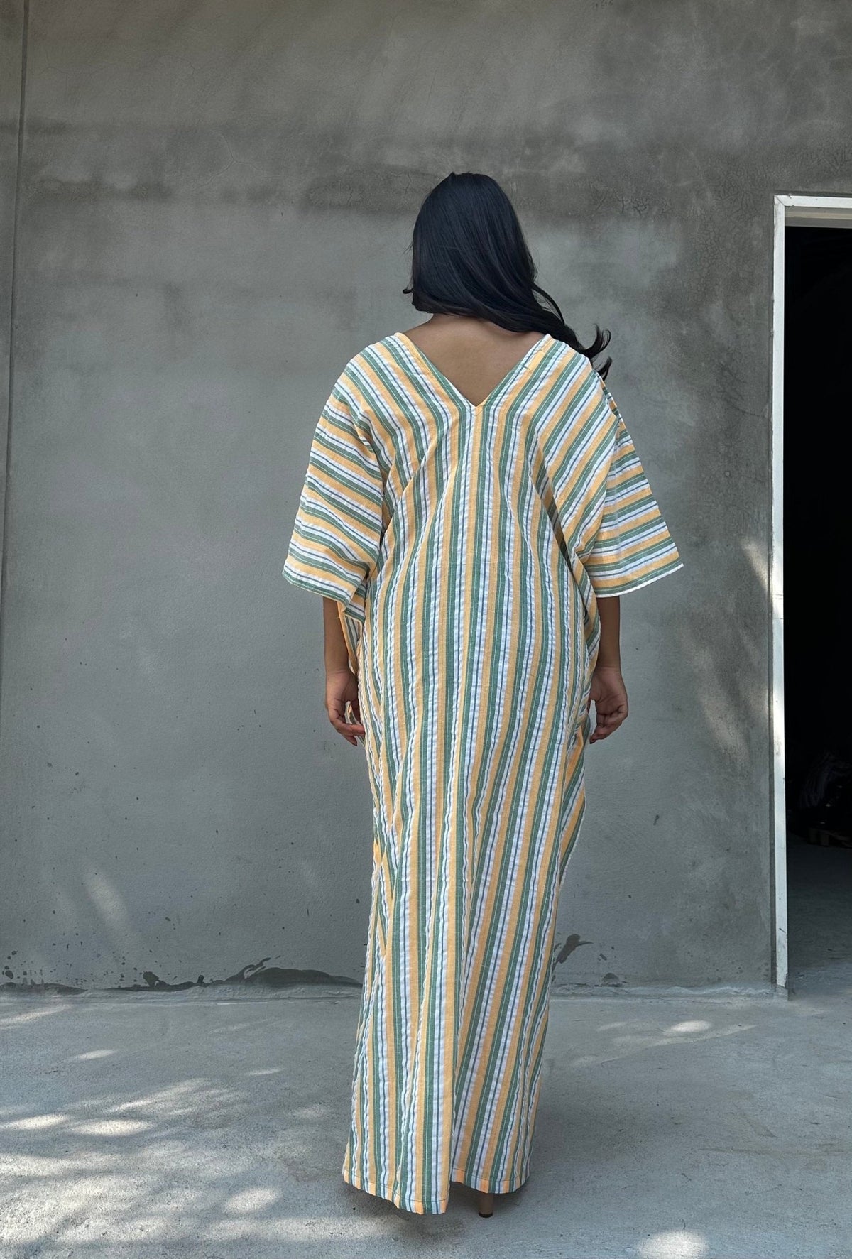 Mala Handworks Ella Plus Size Cotton Kaftan with Yellow and Sage Stripes