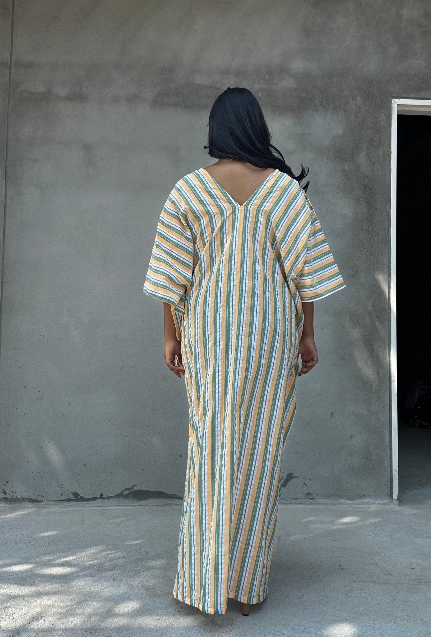 Mala Handworks Ella Plus Size Cotton Kaftan with Yellow and Sage Stripes