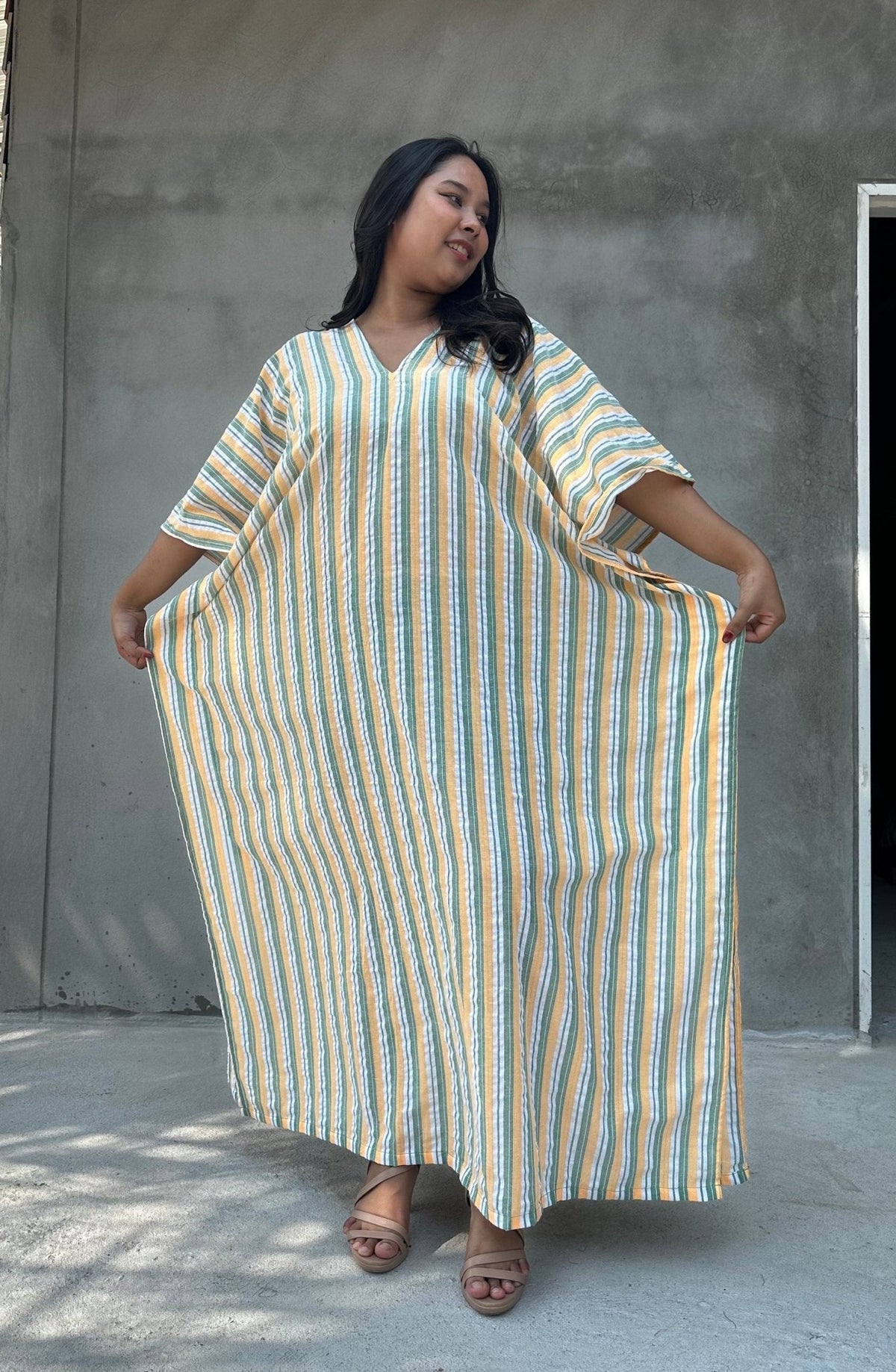 Mala Handworks Ella Plus Size Cotton Kaftan with Yellow and Sage Stripes