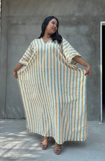 Mala Handworks Ella Plus Size Cotton Kaftan with Yellow and Sage Stripes