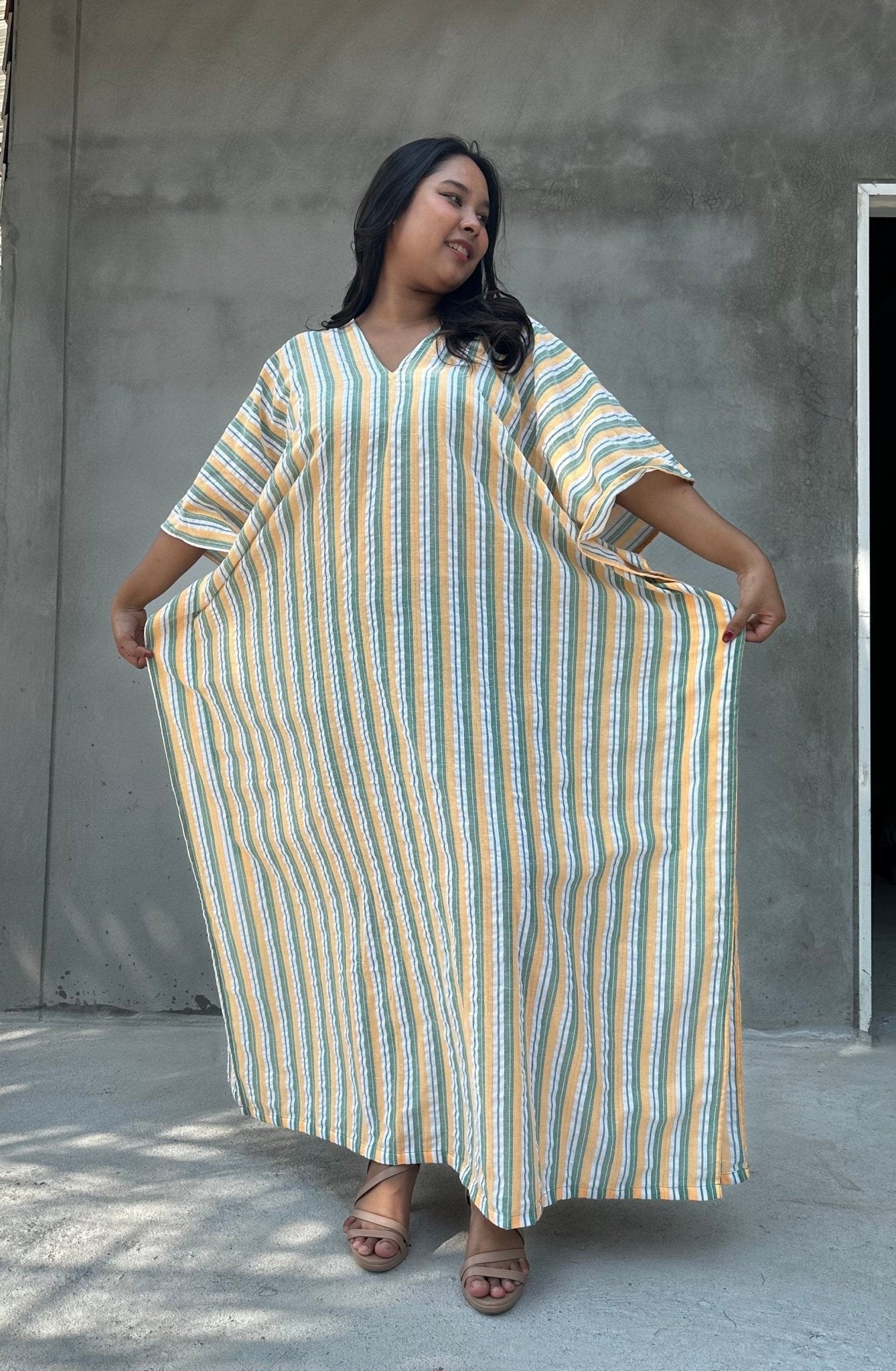 Mala Handworks Ella Plus Size Cotton Kaftan with Yellow and Sage Stripes