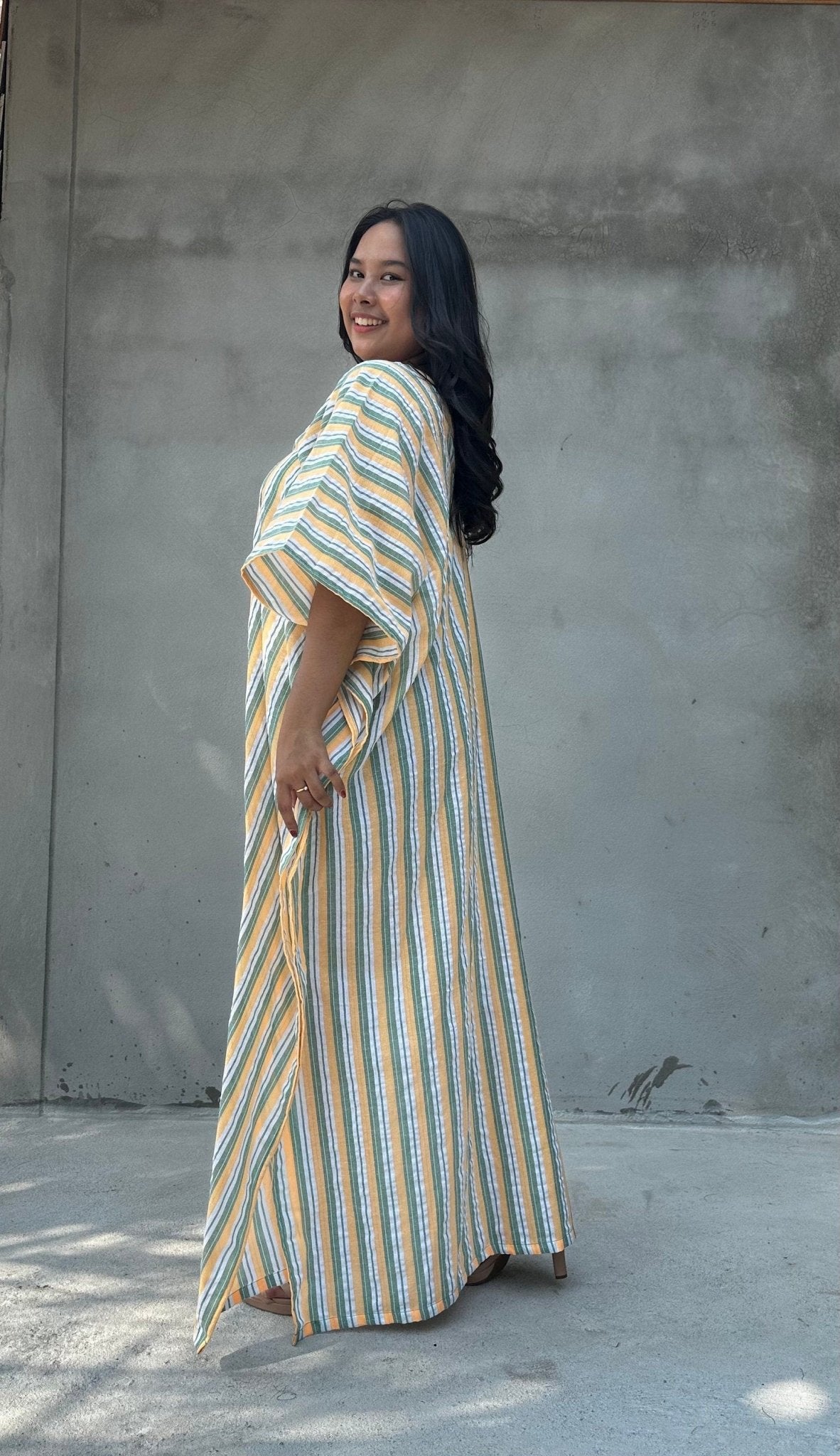 Mala Handworks Ella Plus Size Cotton Kaftan with Yellow and Sage Stripes