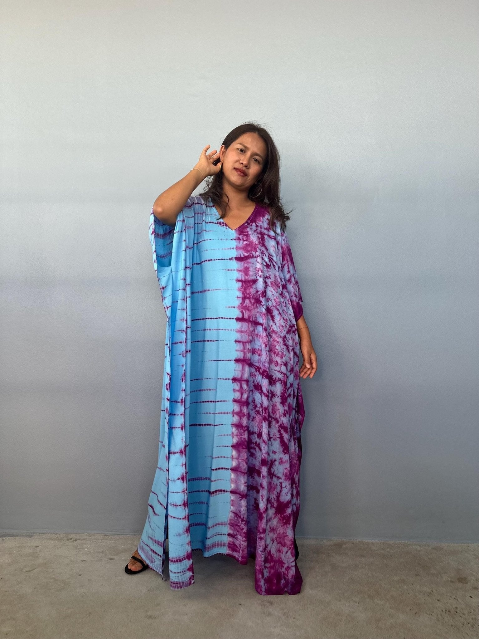 Mala Handworks Eva Kaftan in Aqua and Purple Tie Dye - Gemini Pattern