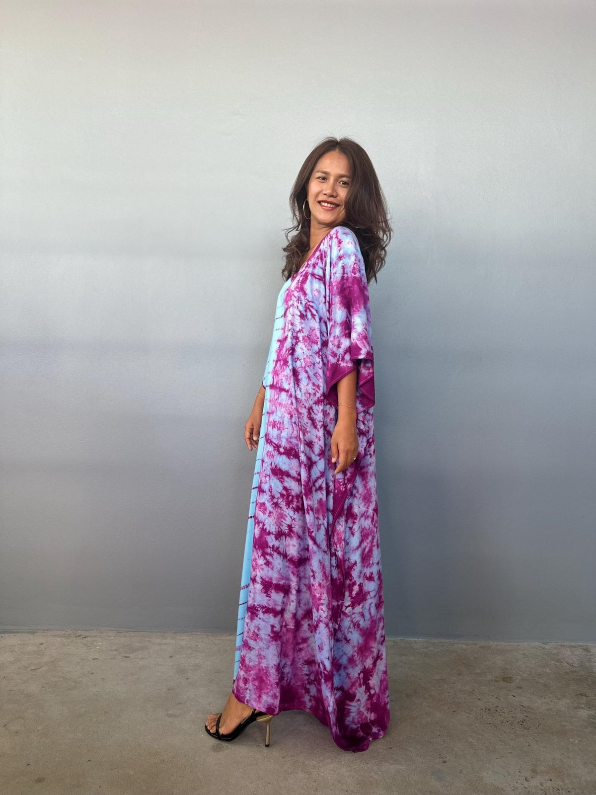 Mala Handworks Eva Kaftan in Aqua and Purple Tie Dye - Gemini Pattern