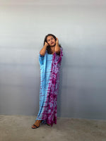 Mala Handworks Eva Kaftan in Aqua and Purple Tie Dye - Gemini Pattern
