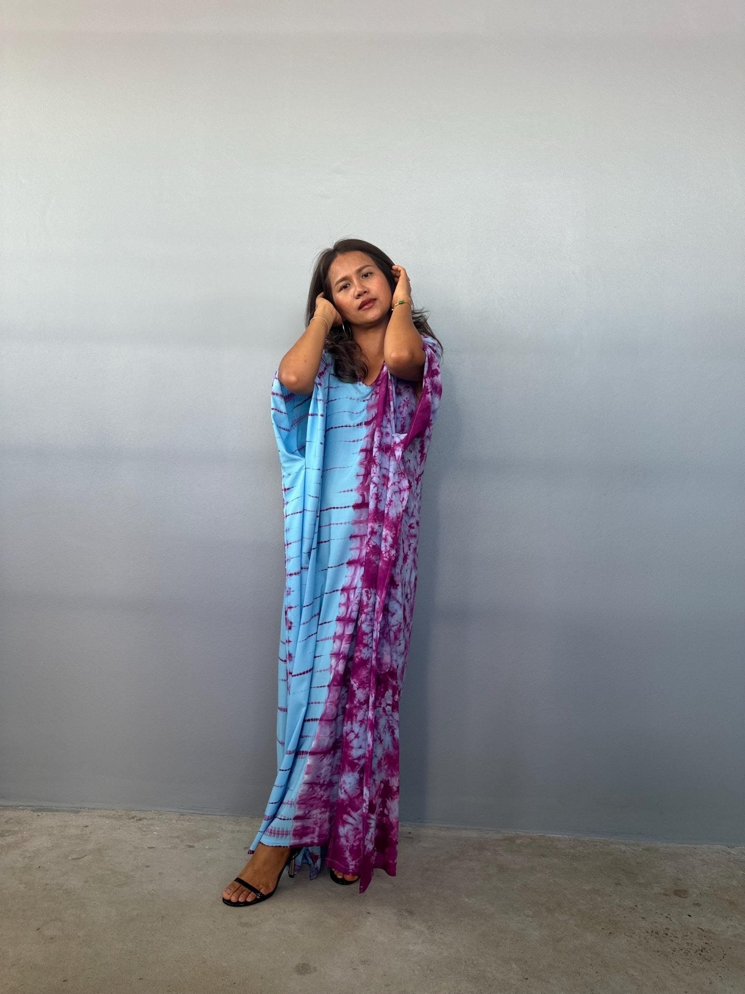 Mala Handworks Eva Kaftan in Aqua and Purple Tie Dye - Gemini Pattern