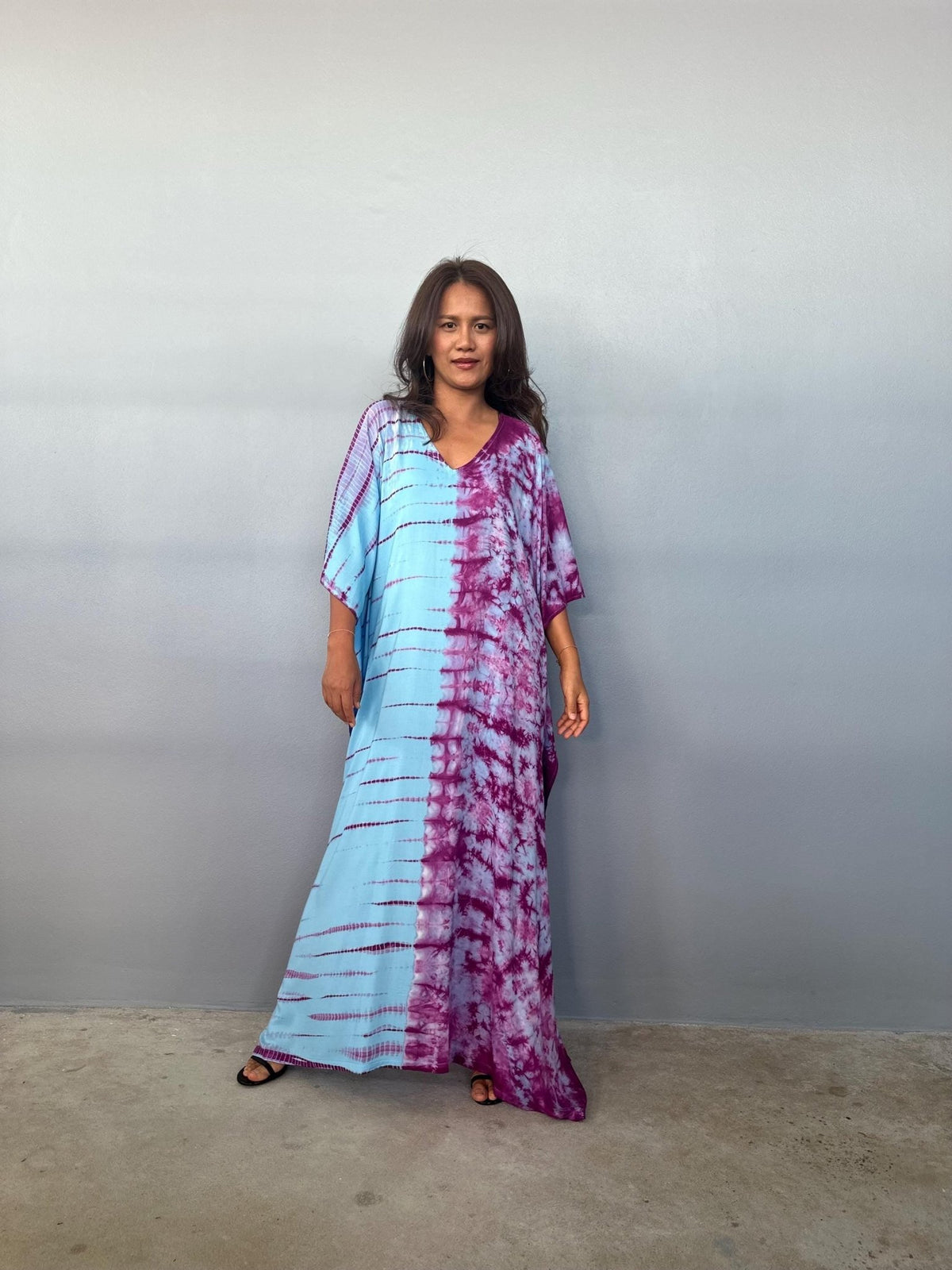 Mala Handworks Eva Kaftan in Aqua and Purple Tie Dye - Gemini Pattern