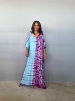 Mala Handworks Eva Kaftan in Aqua and Purple Tie Dye - Gemini Pattern