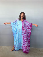 Mala Handworks Eva Kaftan in Aqua and Purple Tie Dye - Gemini Pattern