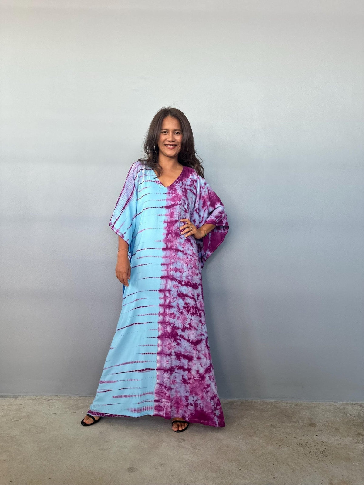 Mala Handworks Eva Kaftan in Aqua and Purple Tie Dye - Gemini Pattern