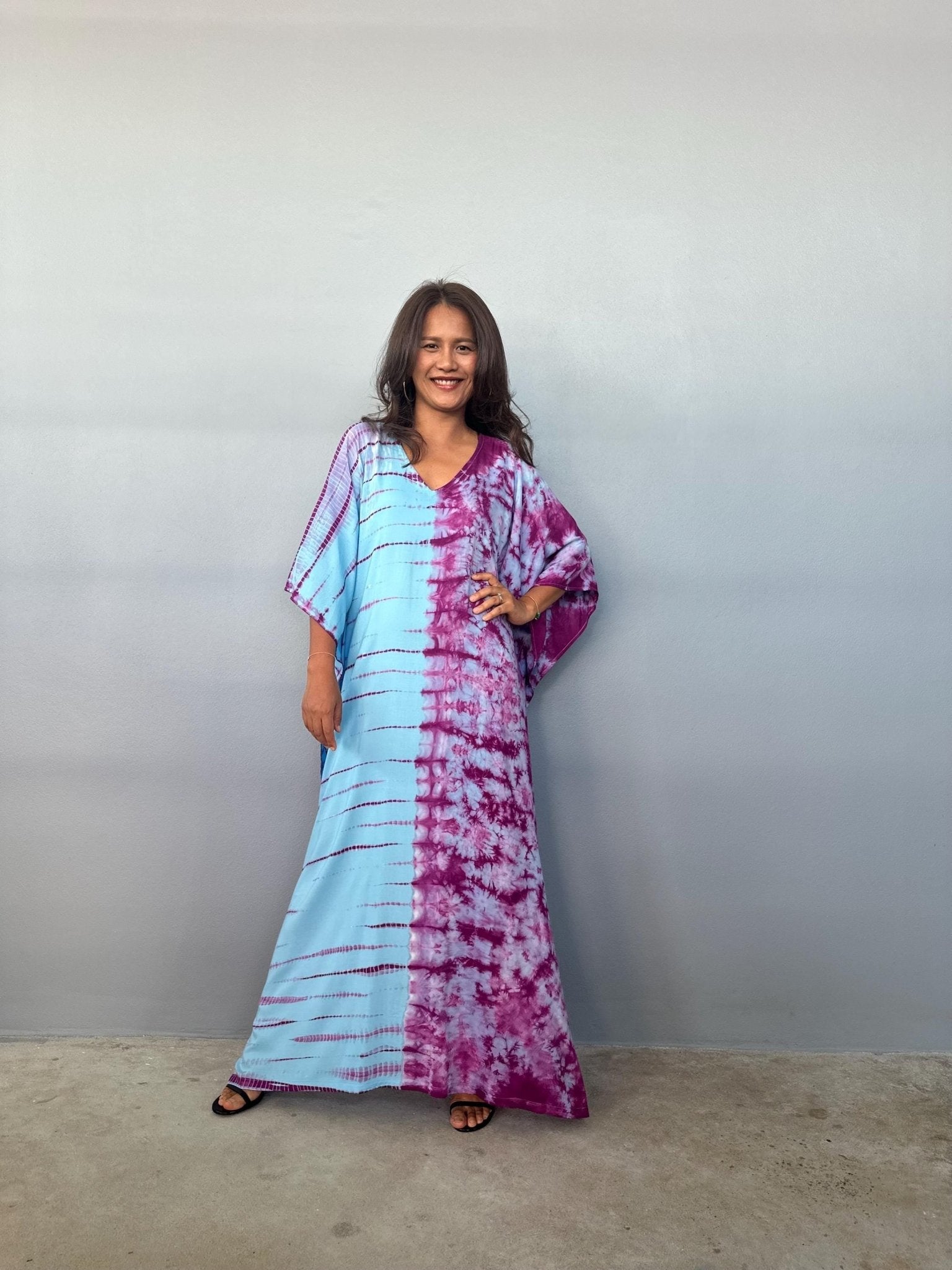 Mala Handworks Eva Kaftan in Aqua and Purple Tie Dye - Gemini Pattern