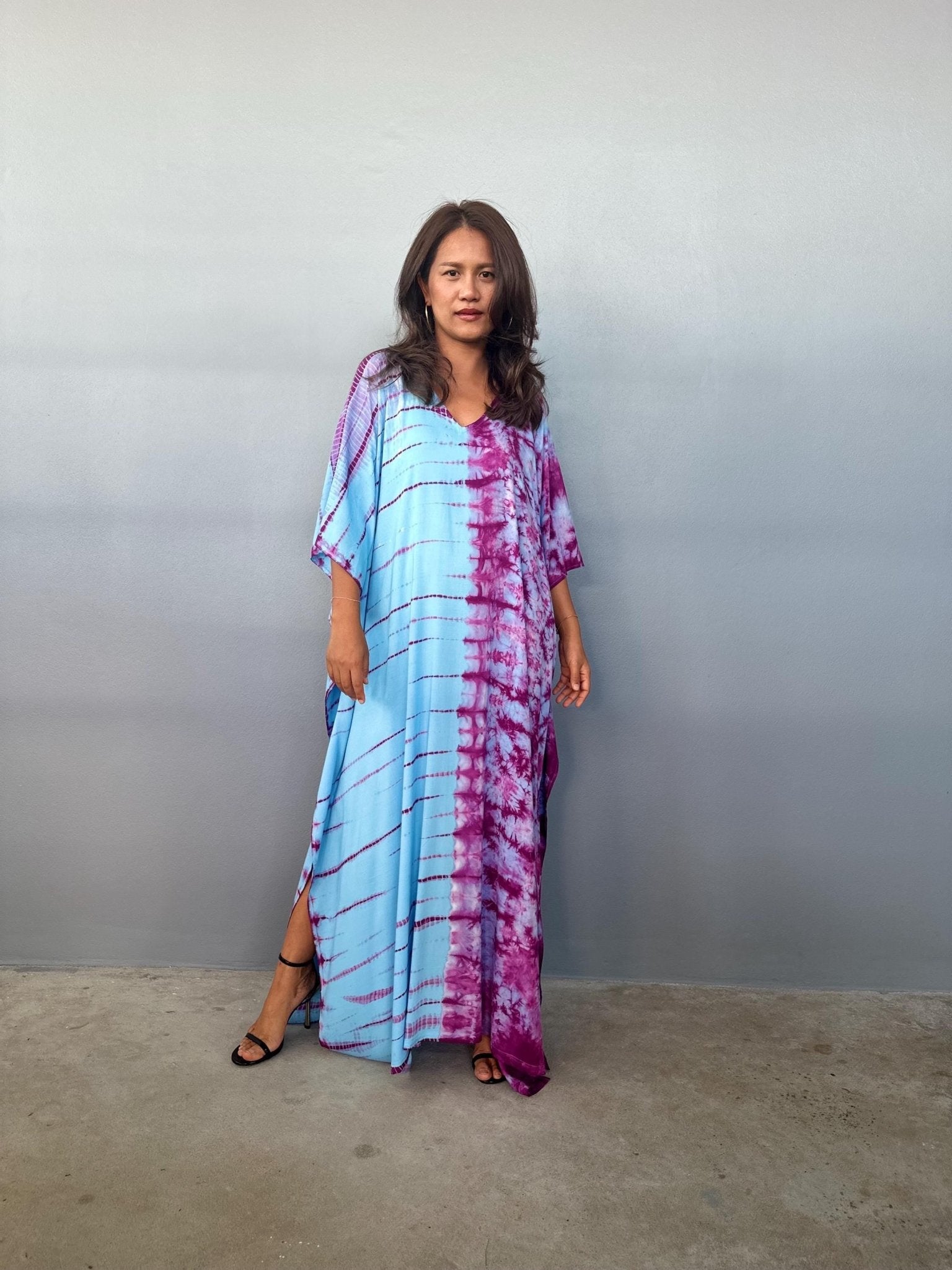 Mala Handworks Eva Kaftan in Aqua and Purple Tie Dye - Gemini Pattern
