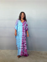 Mala Handworks Eva Kaftan in Aqua and Purple Tie Dye - Gemini Pattern