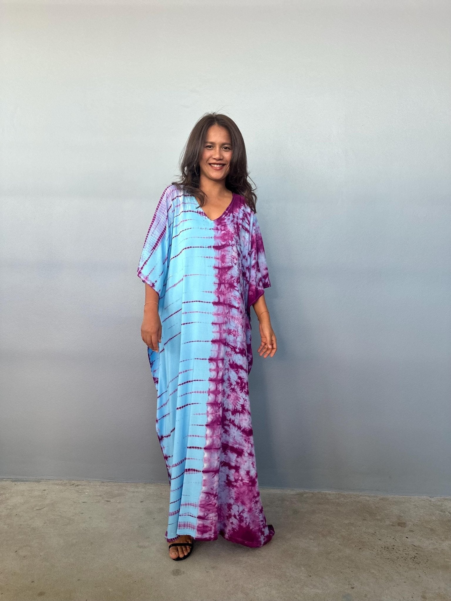 Mala Handworks Eva Kaftan in Aqua and Purple Tie Dye - Gemini Pattern