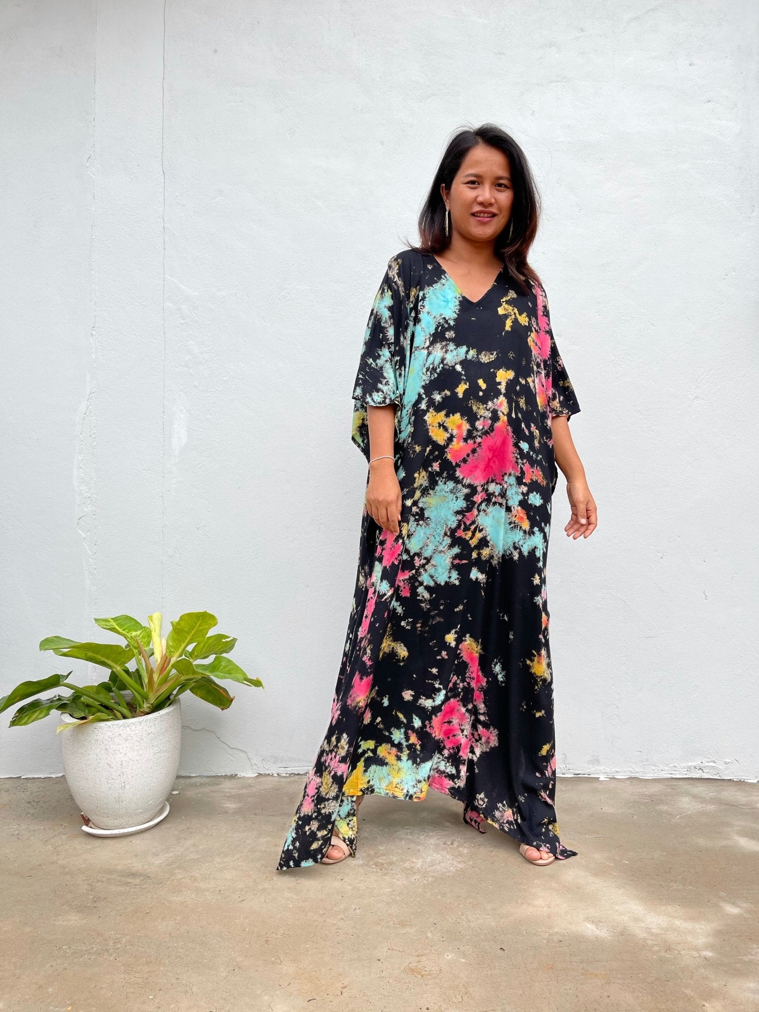 MALA handworks Eva Kaftan in Black and Rainbow Tie Dye