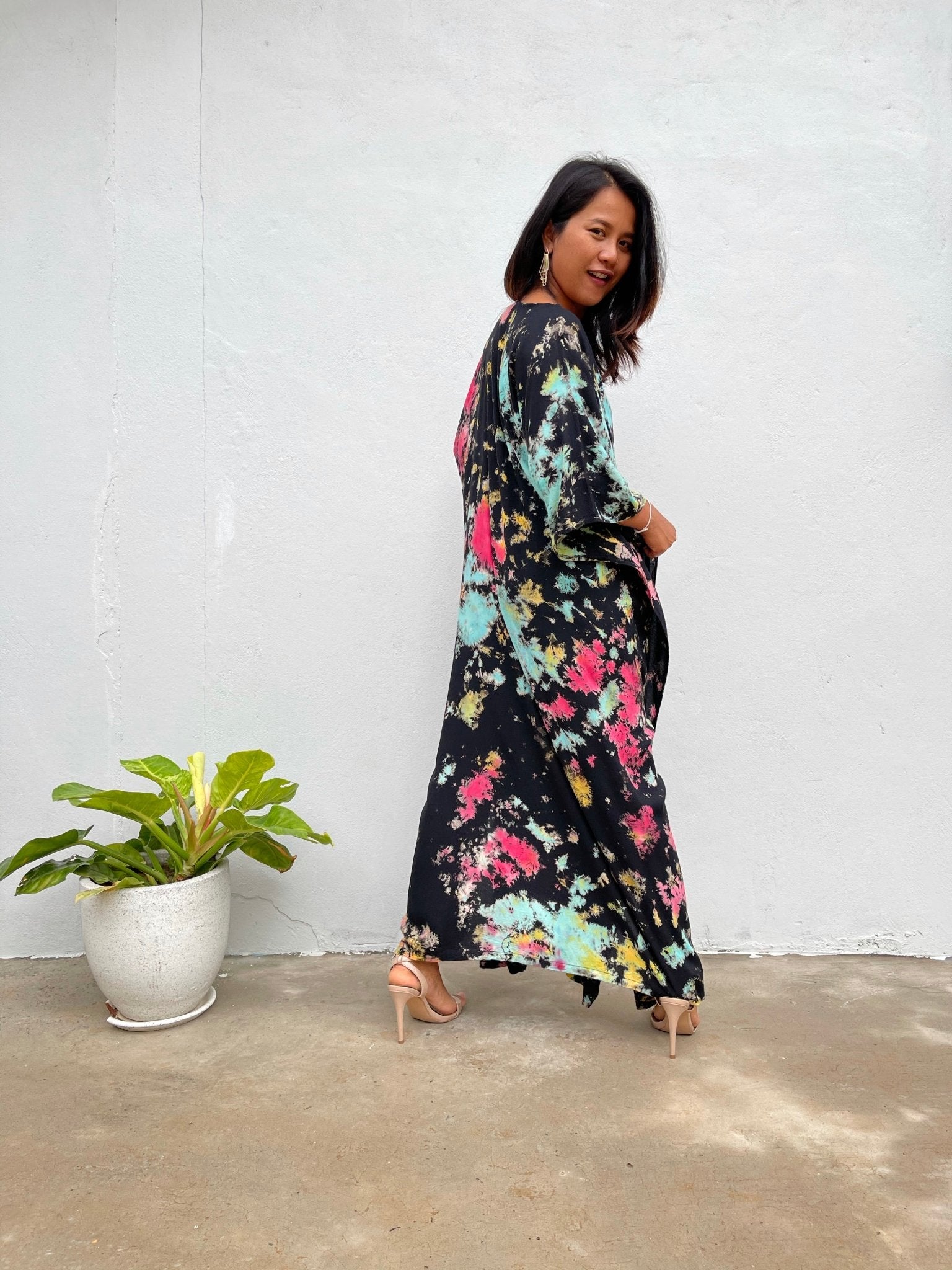 MALA handworks Eva Kaftan in Black and Rainbow Tie Dye
