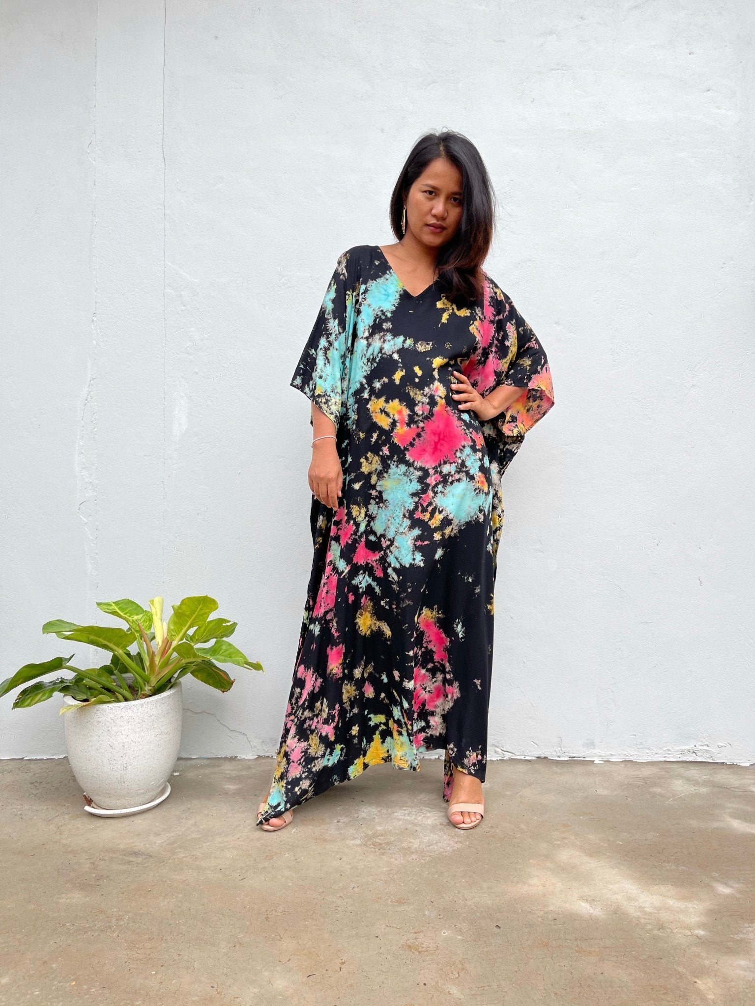 MALA handworks Eva Kaftan in Black and Rainbow Tie Dye