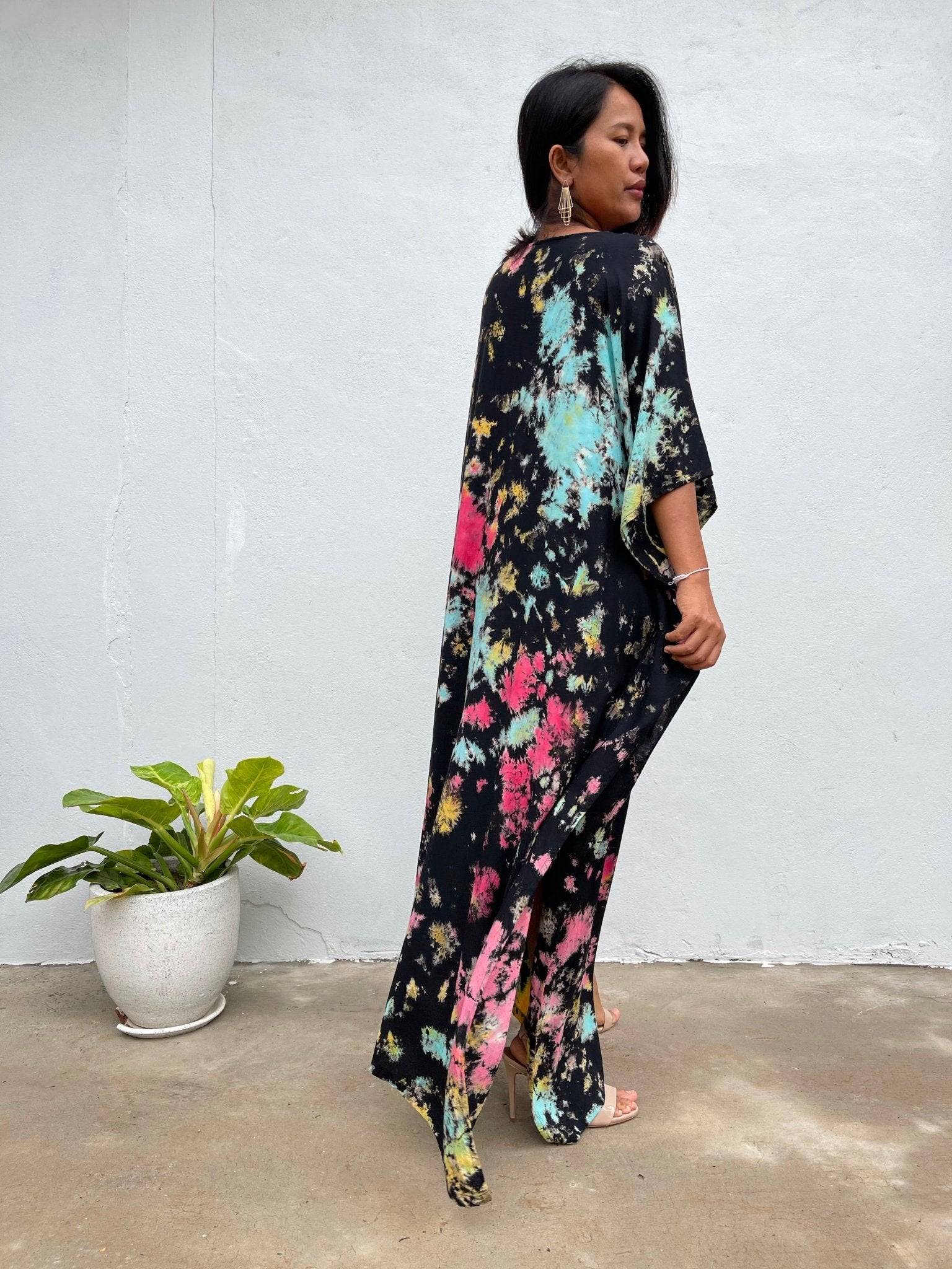 MALA handworks Eva Kaftan in Black and Rainbow Tie Dye