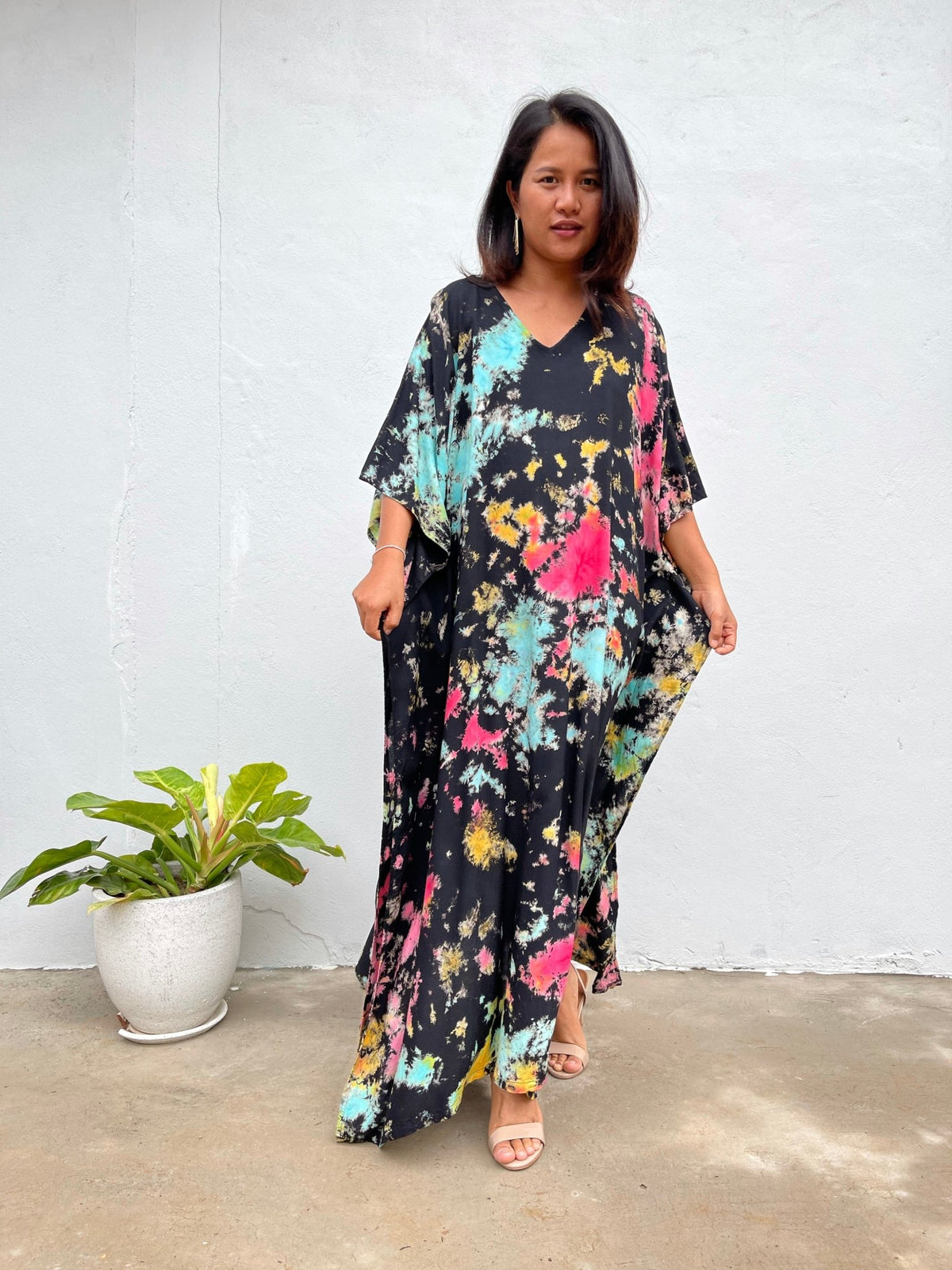 MALA handworks Eva Kaftan in Black and Rainbow Tie Dye