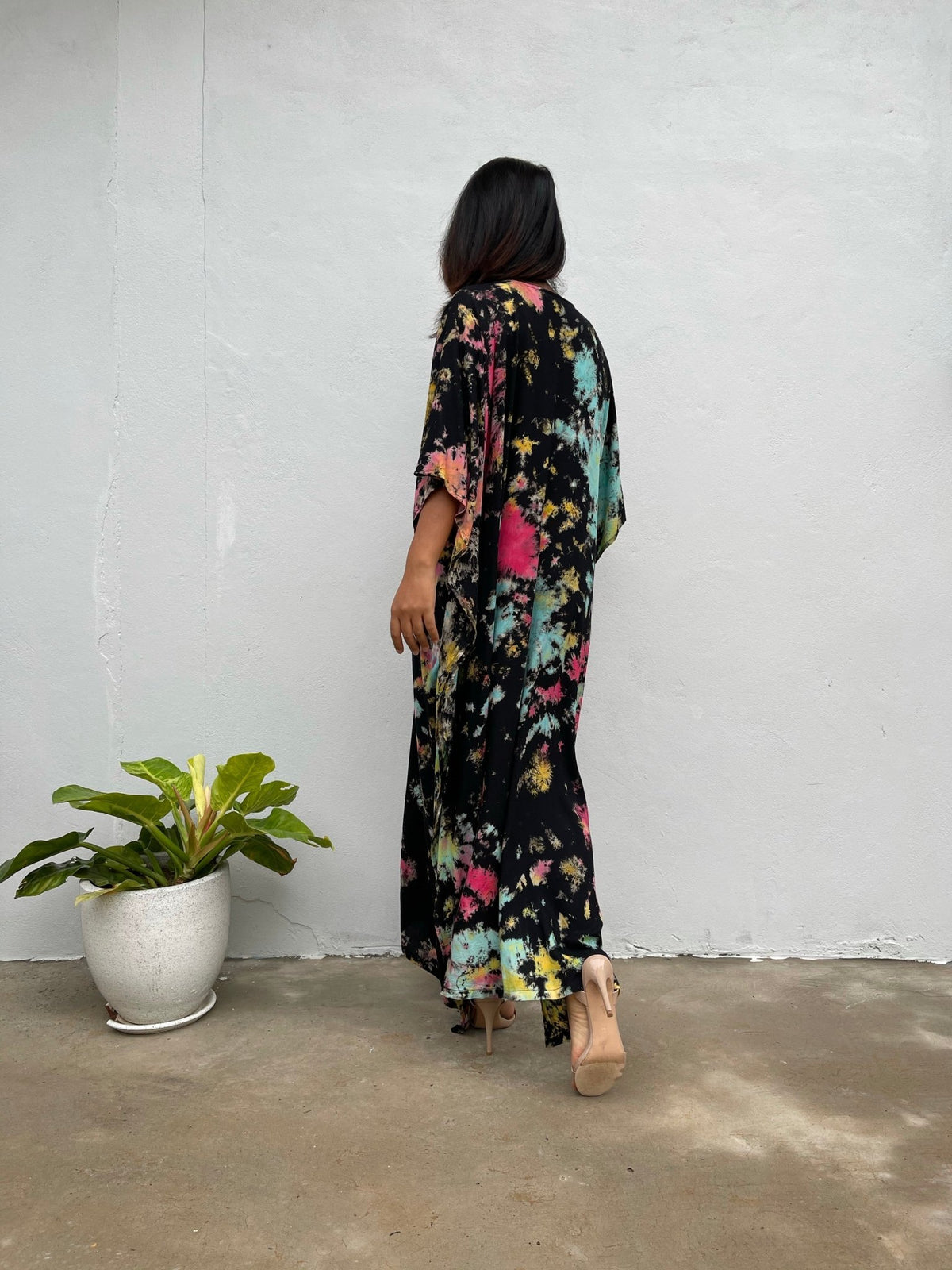 MALA handworks Eva Kaftan in Black and Rainbow Tie Dye