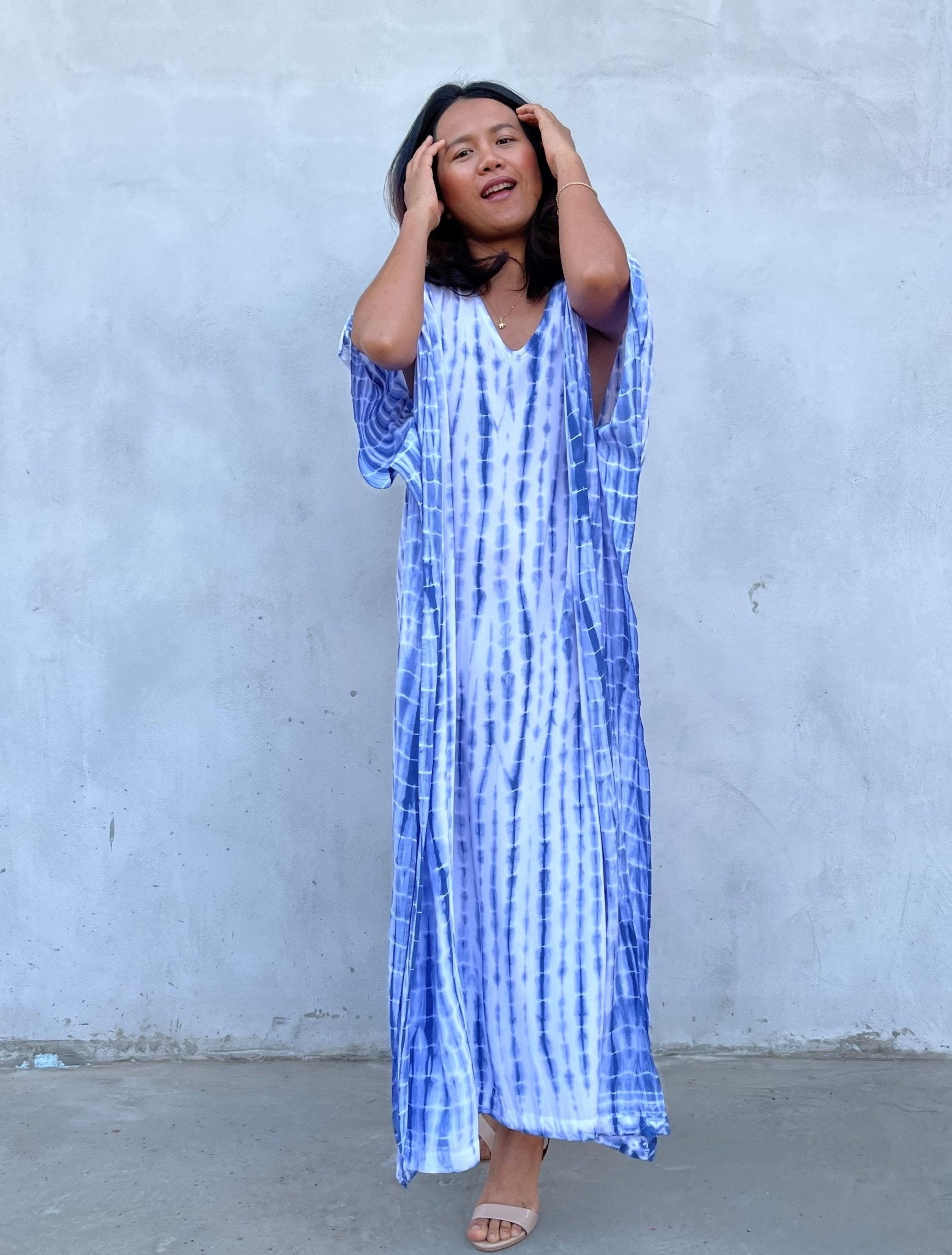 MALA handworks Eva Kaftan in White and Blue Tie Dye