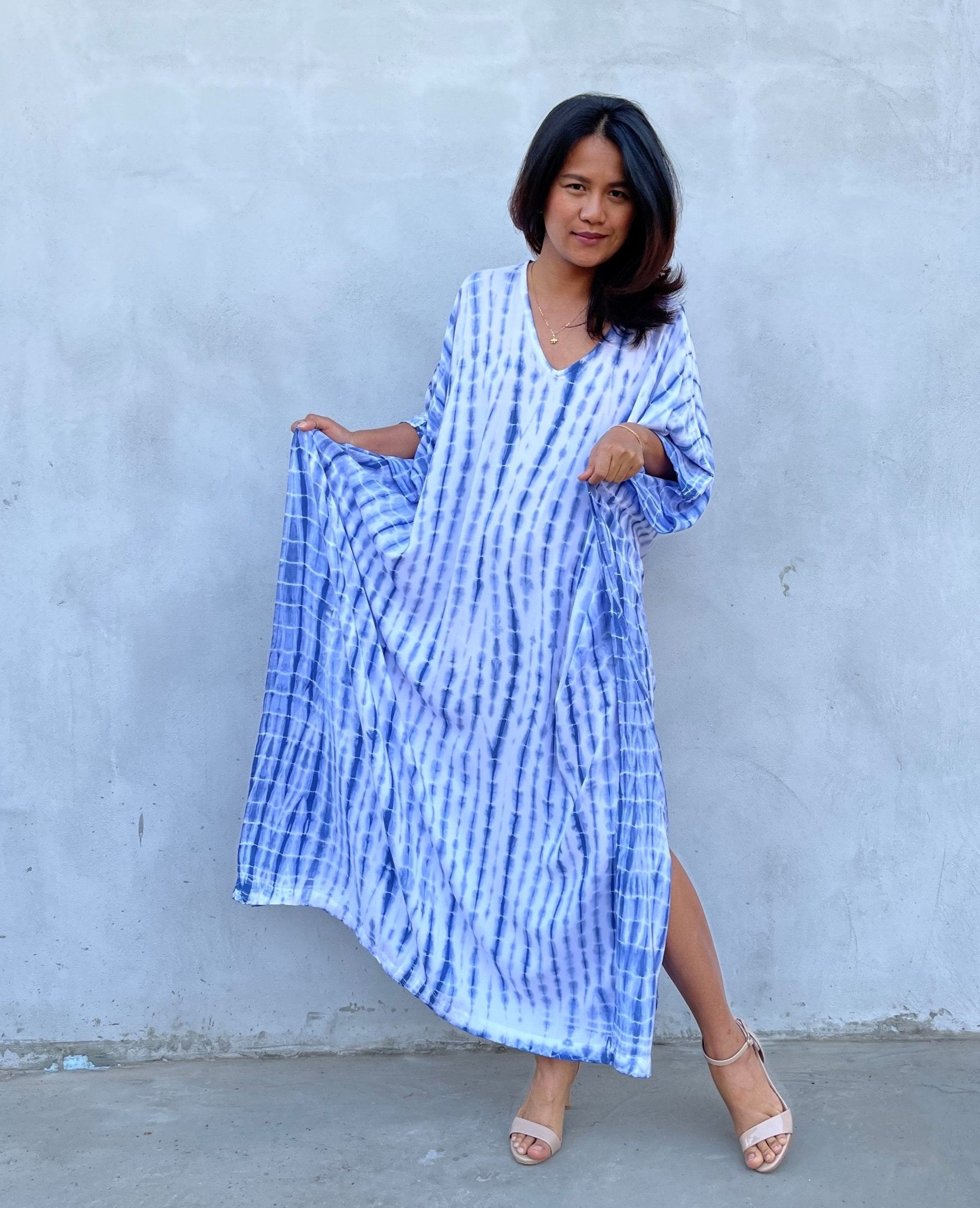 MALA handworks Eva Kaftan in White and Blue Tie Dye