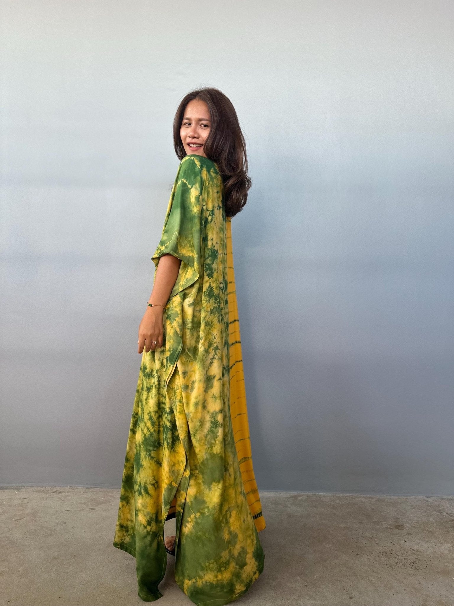 Mala Handworks Eva Kaftan in Yellow and Green Tie Dye