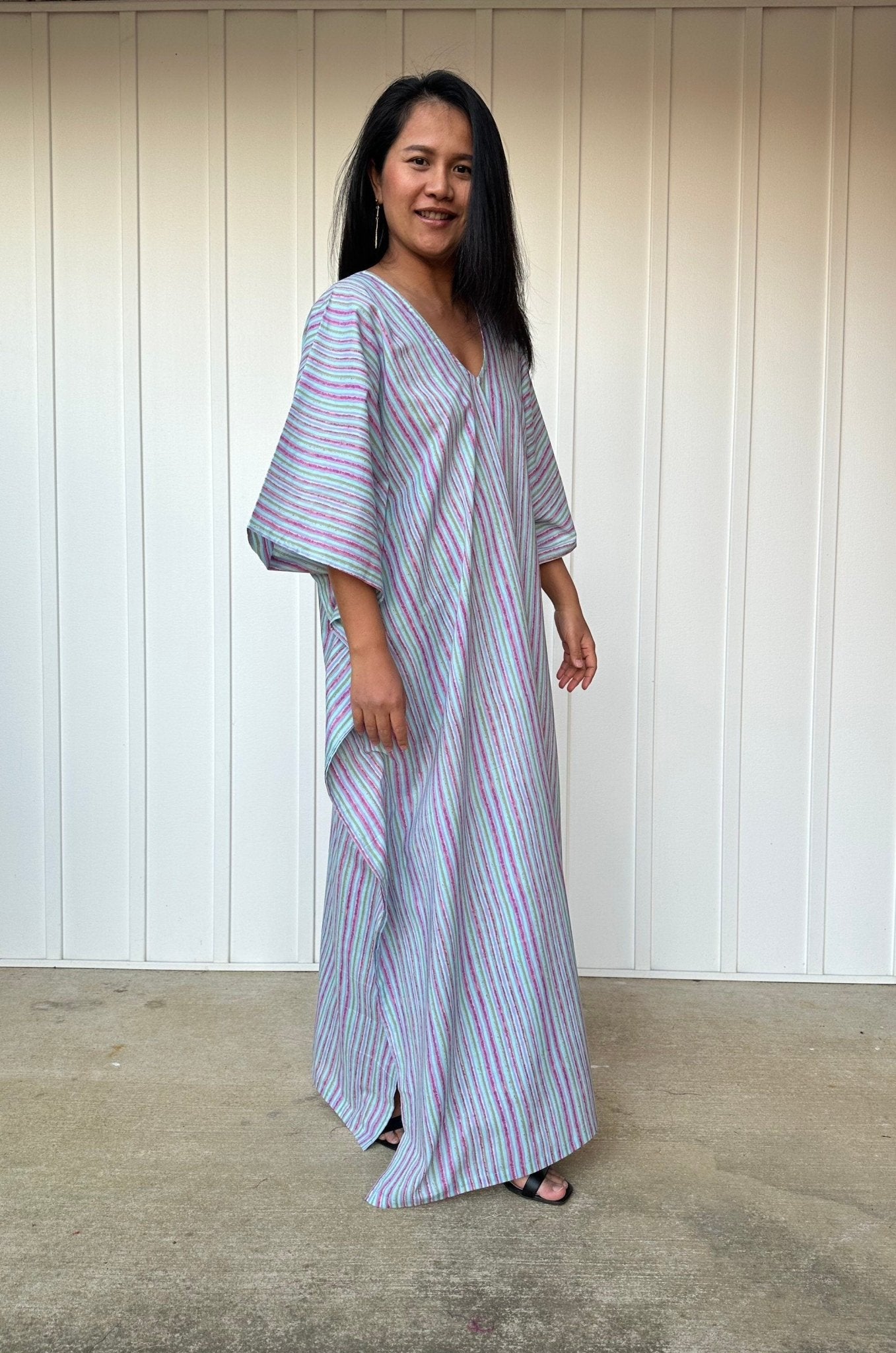 MALA handworks  56 Evelyn Kaftan in Aqua Blue and Lavender Stripe