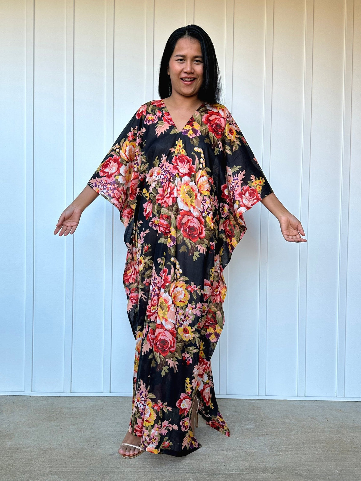 MALA handworks  Evelyn Kaftan in Black and Floral Pattern