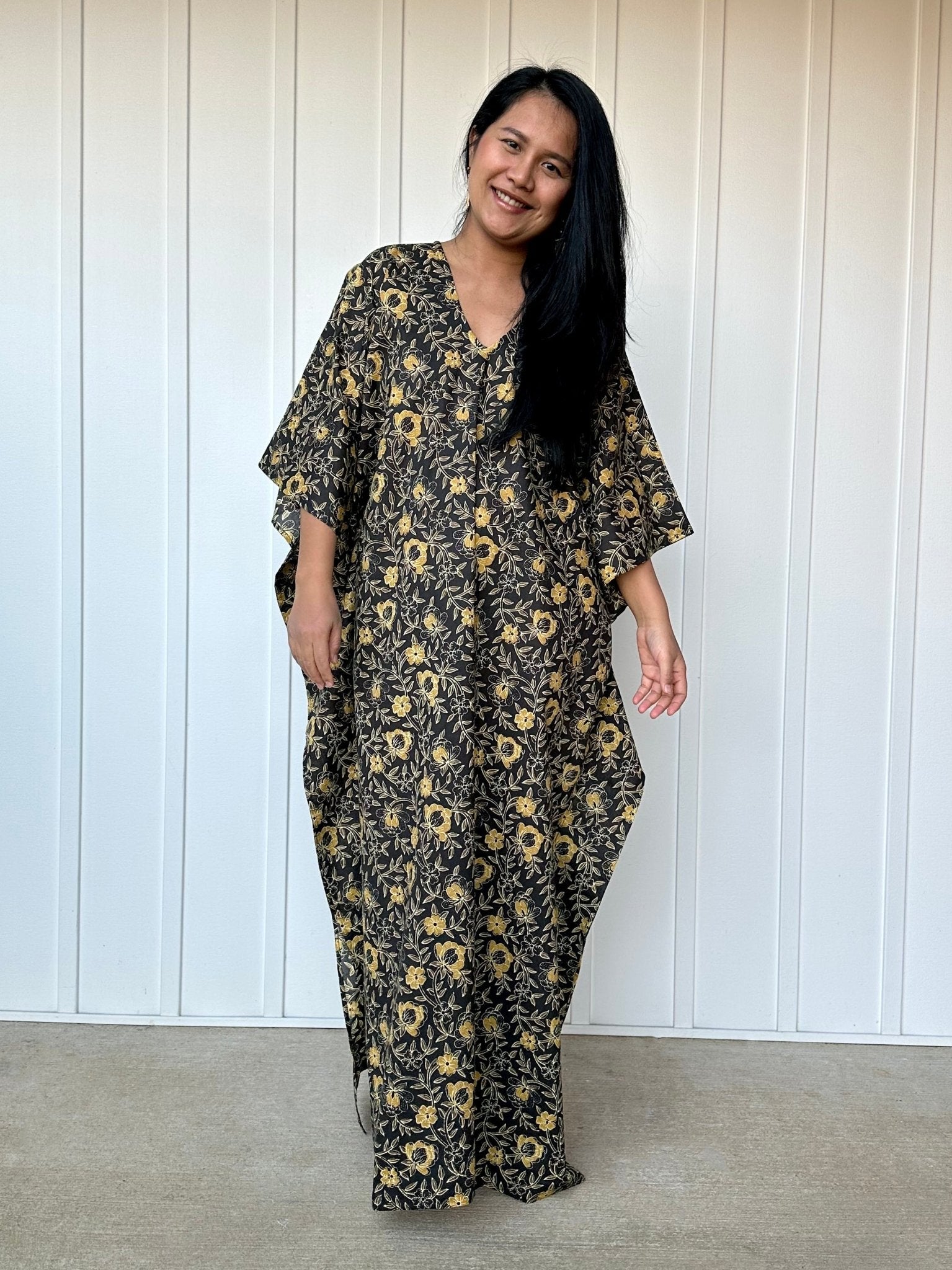 MALA handworks  56 Evelyn Kaftan in Black and Yellow Pattern