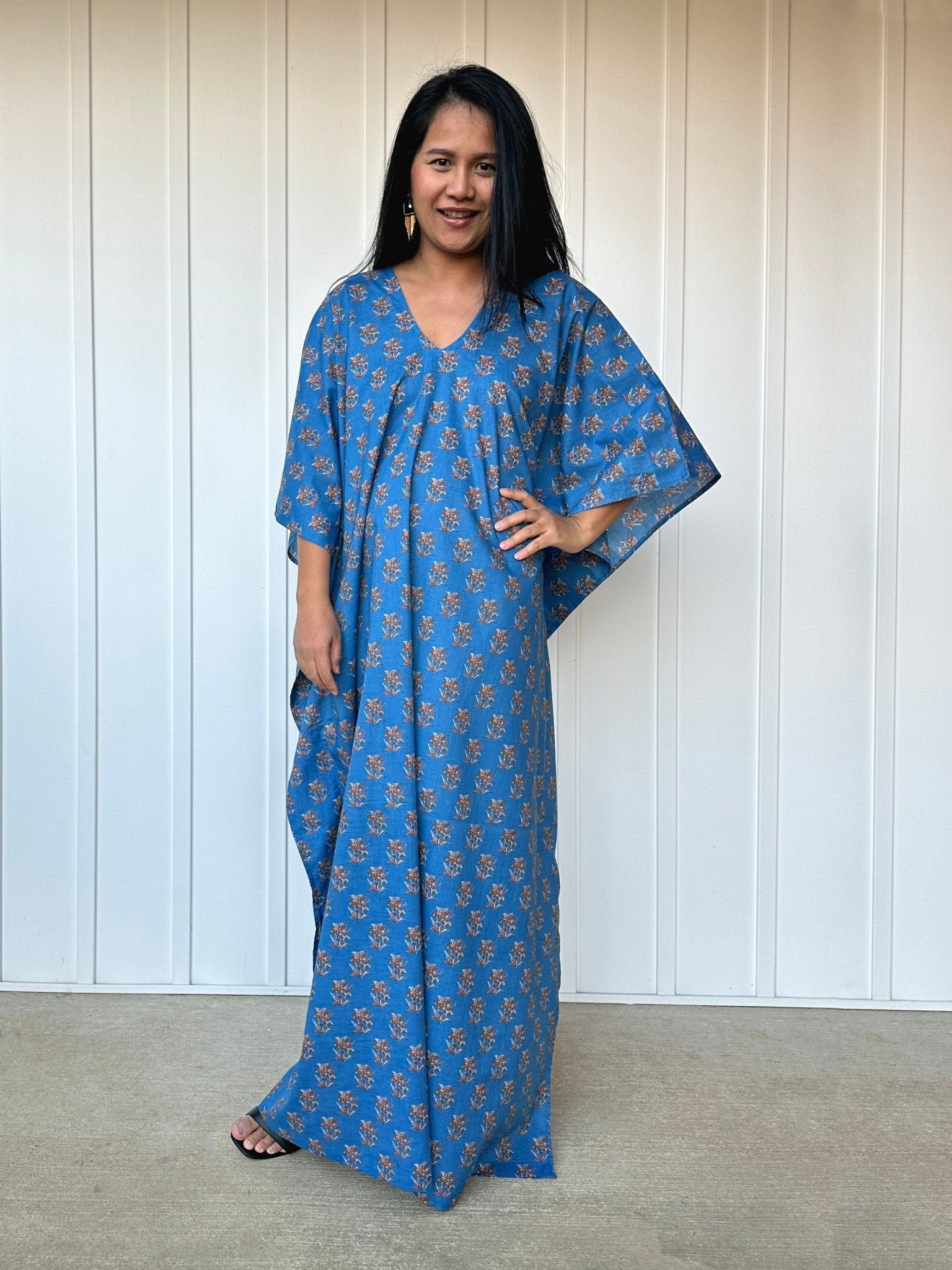 MALA handworks  56 Evelyn Kaftan in Blue and Floral Pattern