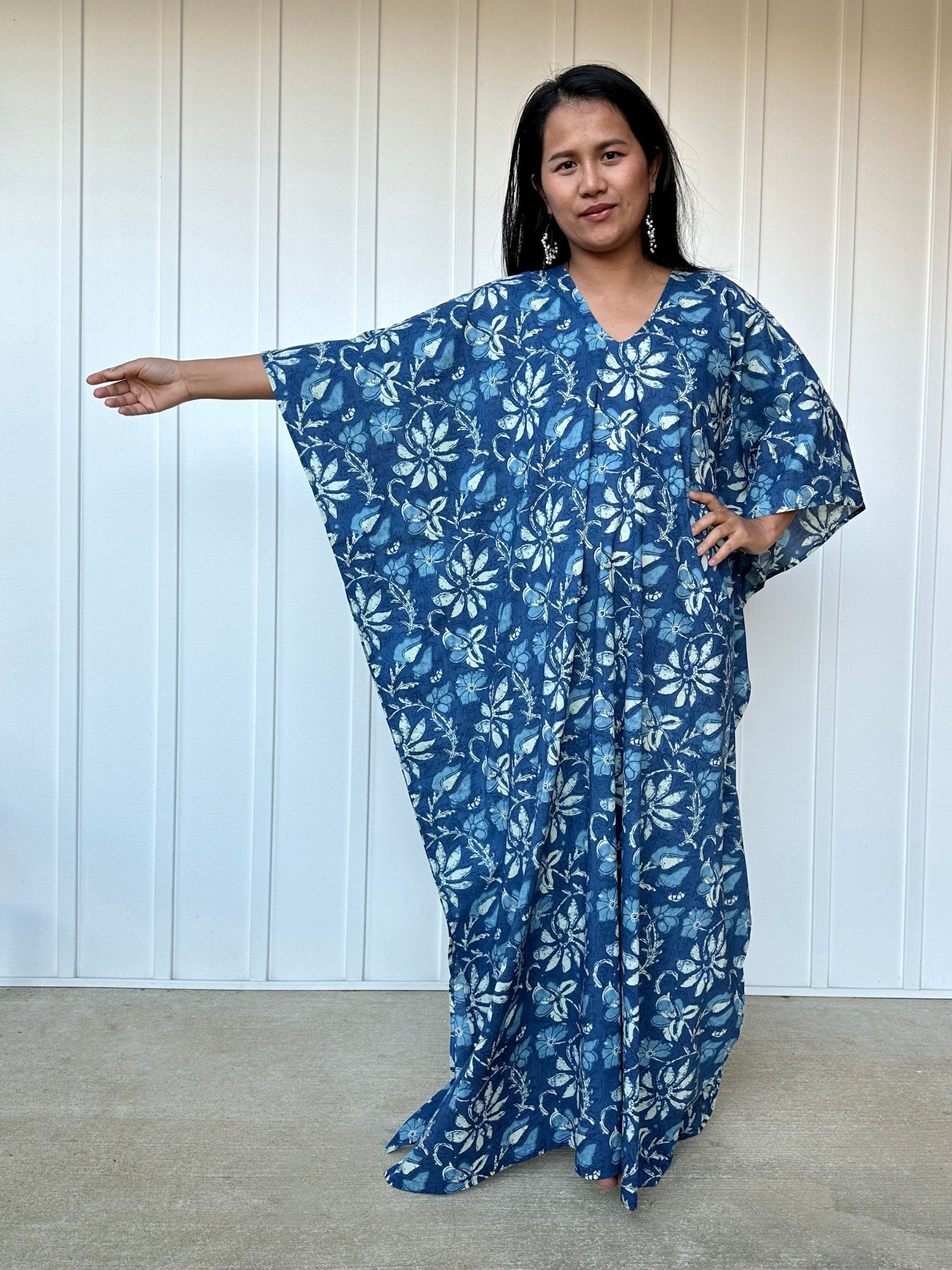 MALA handworks  Evelyn Kaftan in Blue and Floral Pattern